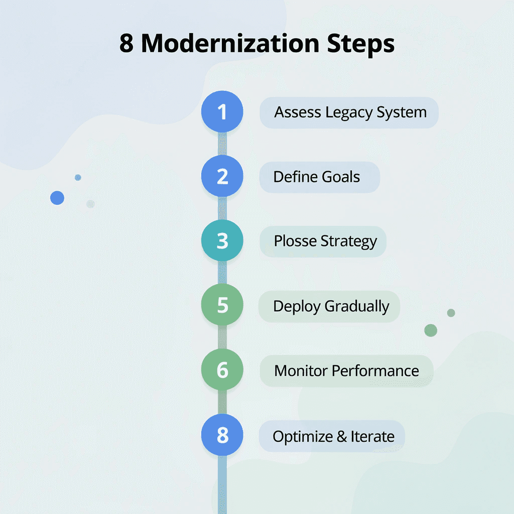 Numbered steps infographic showing the 8 legacy system modernization steps