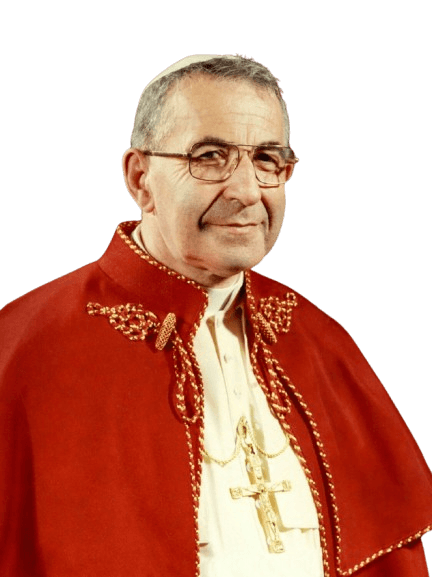 A color portrait of Pope John Paul I, dressed in his traditional papal vestments, featuring a red cloak adorned with gold embroidery and a large gold crucifix. Wearing glasses and a white zucchetto, he has a gentle smile and a calm, approachable expression. Known as the "Smiling Pope," John Paul I had one of the shortest papacies in history but left a lasting impression with his warmth and humility.