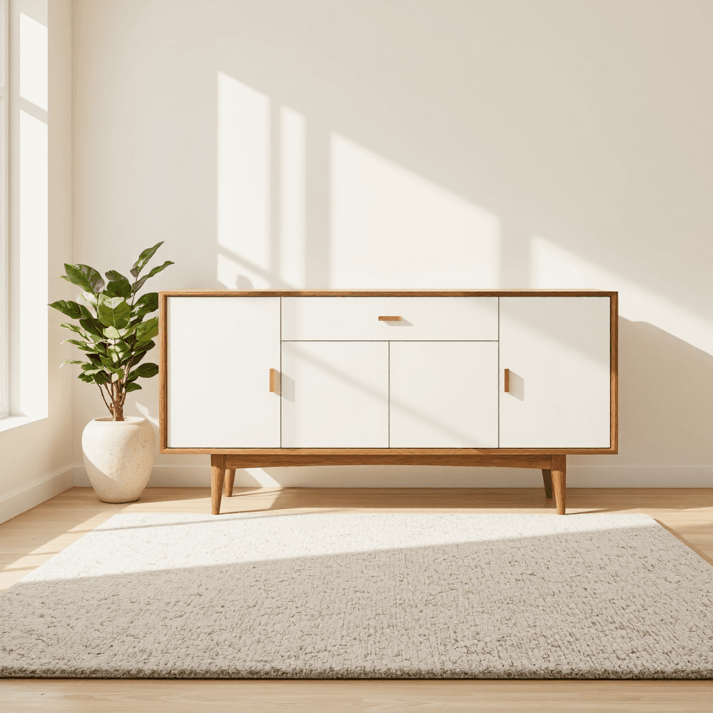 product photography of a wooden sideboard with glossy white doors and gold accents, used for storage and decoration