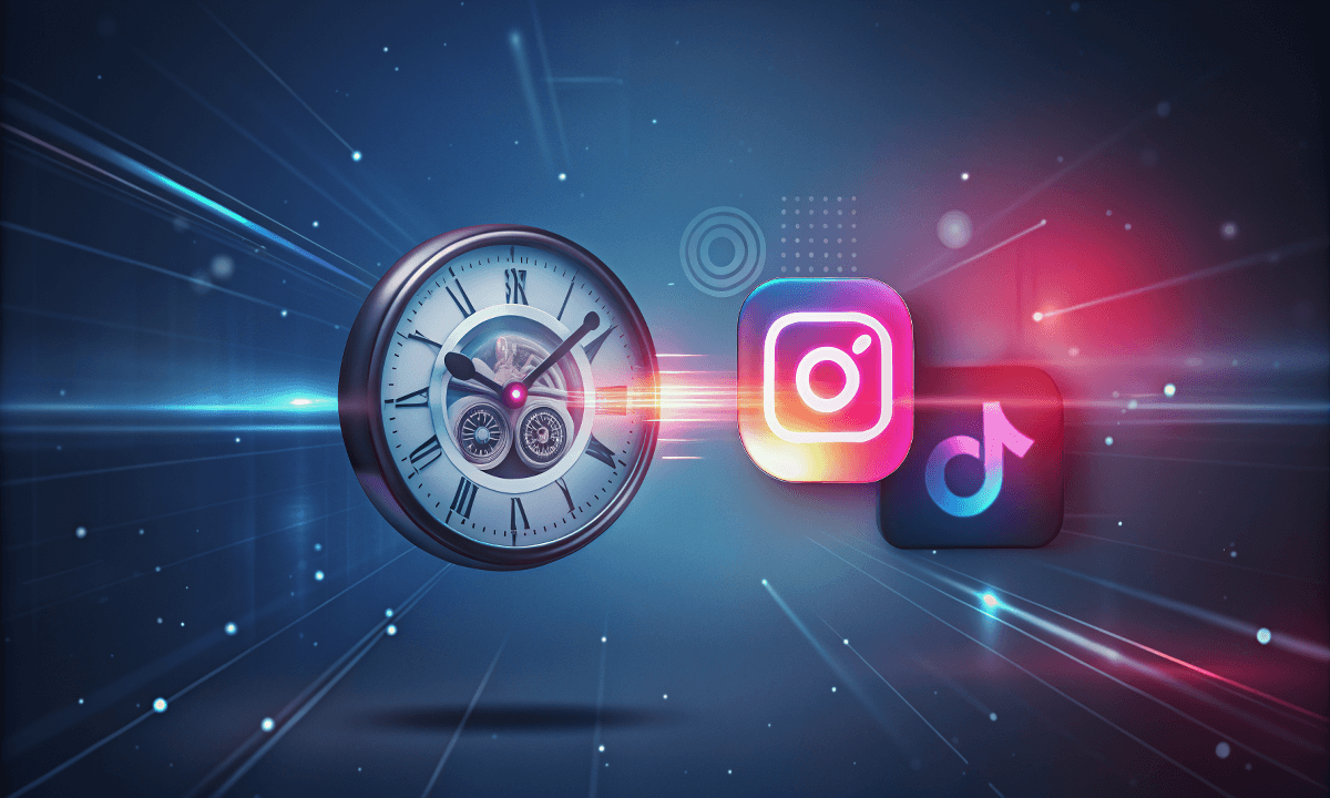 Clock face with mechanical gears alongside Instagram and TikTok logos on a futuristic blue digital background, representing optimal posting times for social media platforms in 2026.
