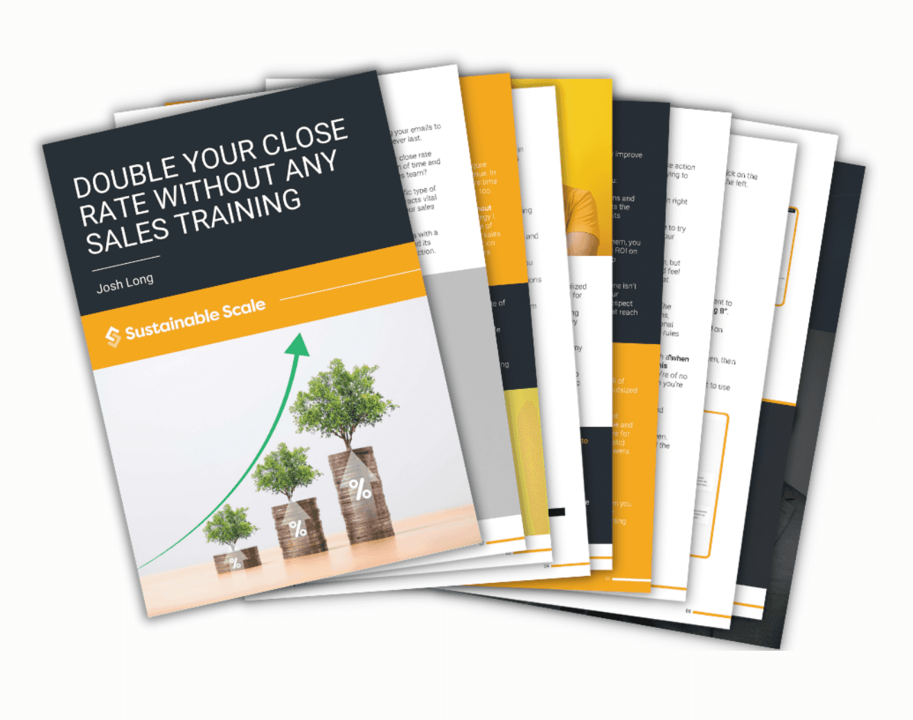 llustration of a guide titled "Double Your Close Rate Without Sales Training," showcasing strategies to improve close rates, team performance, and return on ad spend (ROAS).