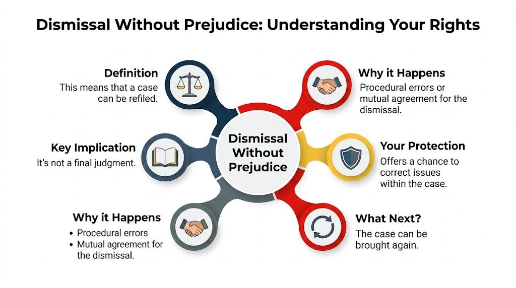 An infographic titled Dismissal Without Prejudice explaining the meaning, causes, and legal implications for individuals involved.