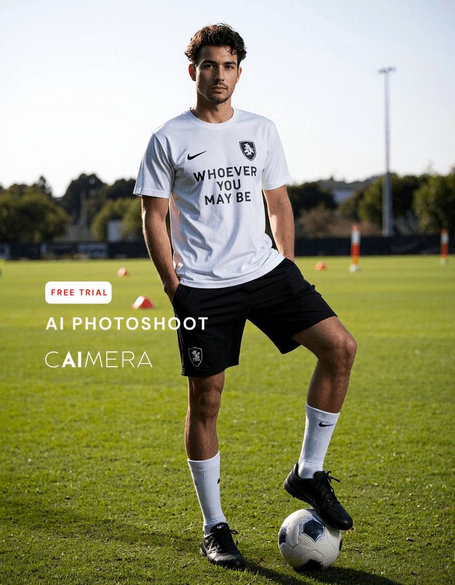 Athletic wear photoshoot featuring a white Nike jersey with "WHOEVER YOU MAY BE" text on a soccer field with a ball at player's feet