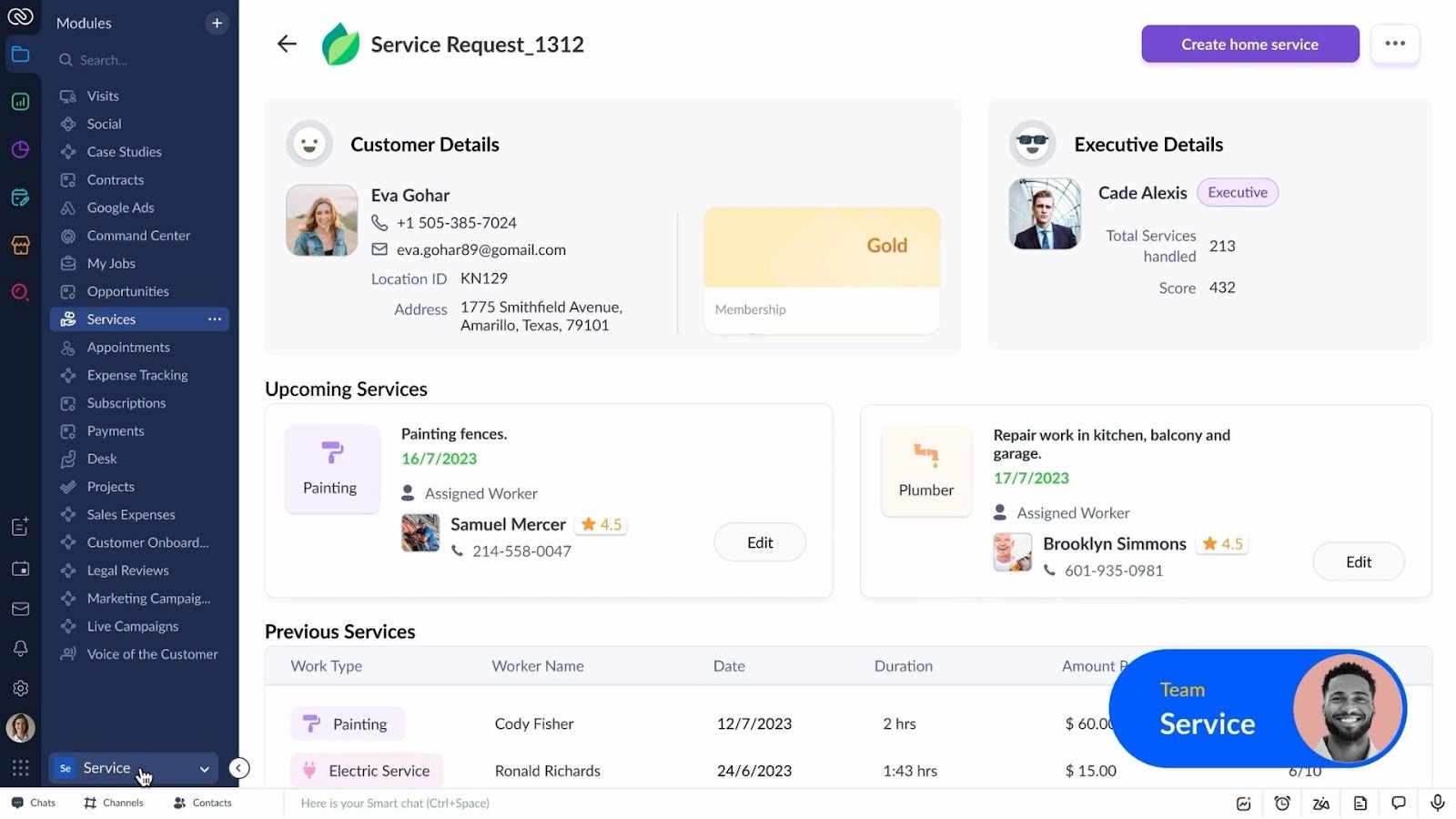 Zoho CRM's customer details and service management dashboard