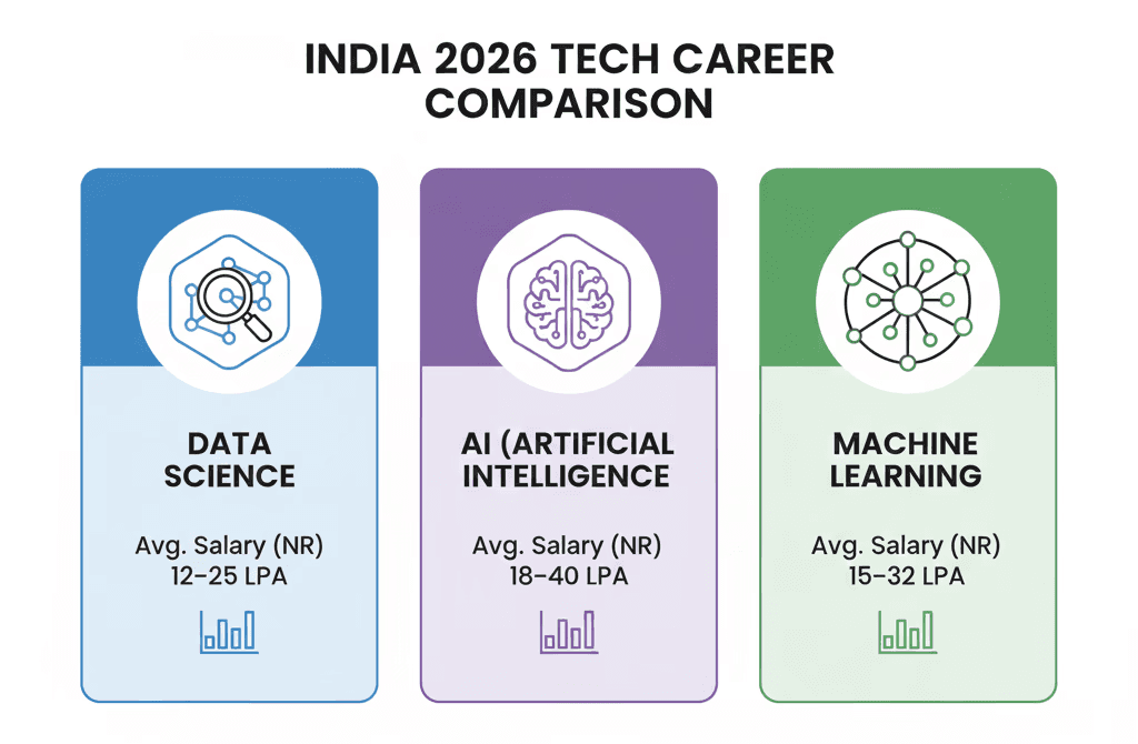 Data Science vs AI vs ML comparison chart showing salary ranges in India for 2026, with Data Science 6-45 LPA, AI 10-60 LPA, ML 9-55 LPA