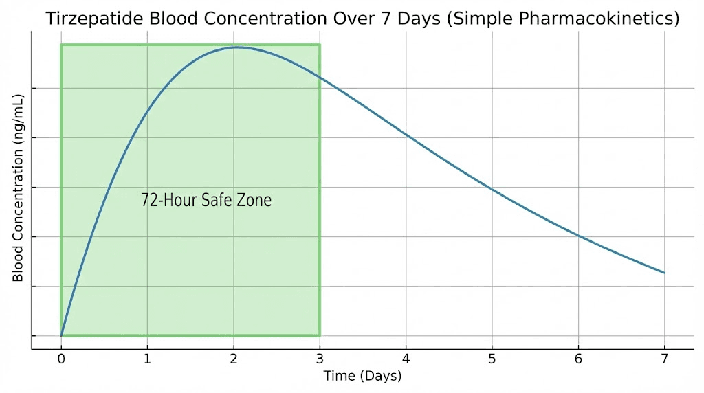 Tirzepatide blood concentration levels over one week showing 72-hour minimum dosing window