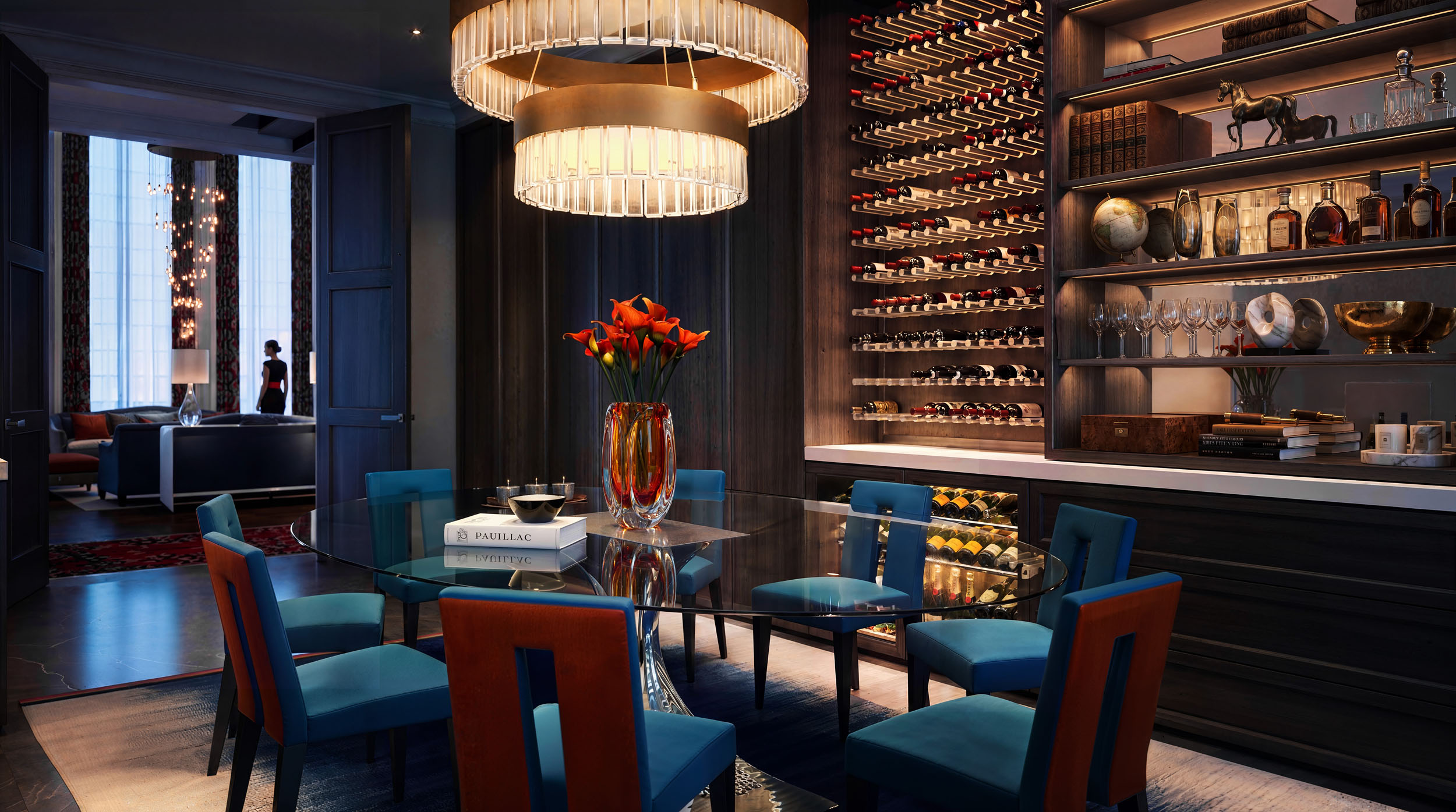 Luxury dining room CGI render with wine cellar.
