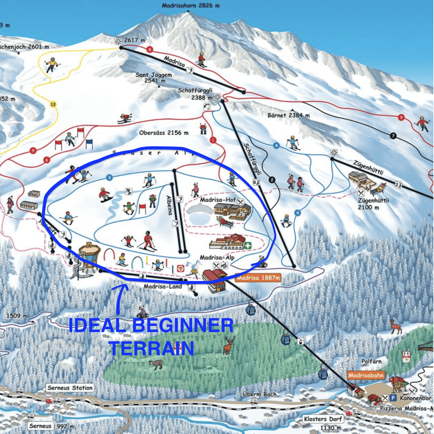 Beginner ski and snowaboard area at Madrisa ski resort. 