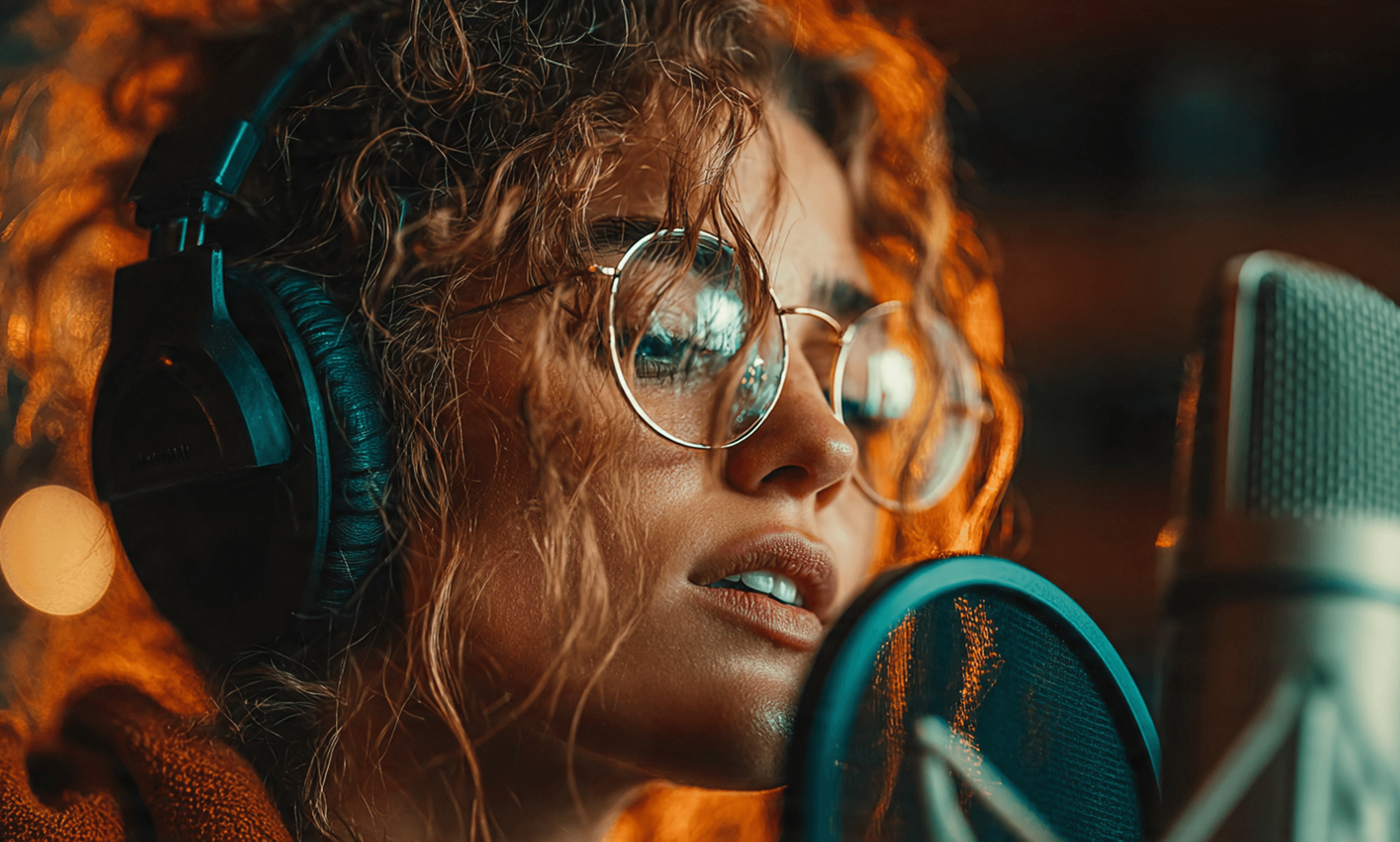 A close-up of a woman with curly hair wearing headphones and glasses, speaking into a studio microphone.