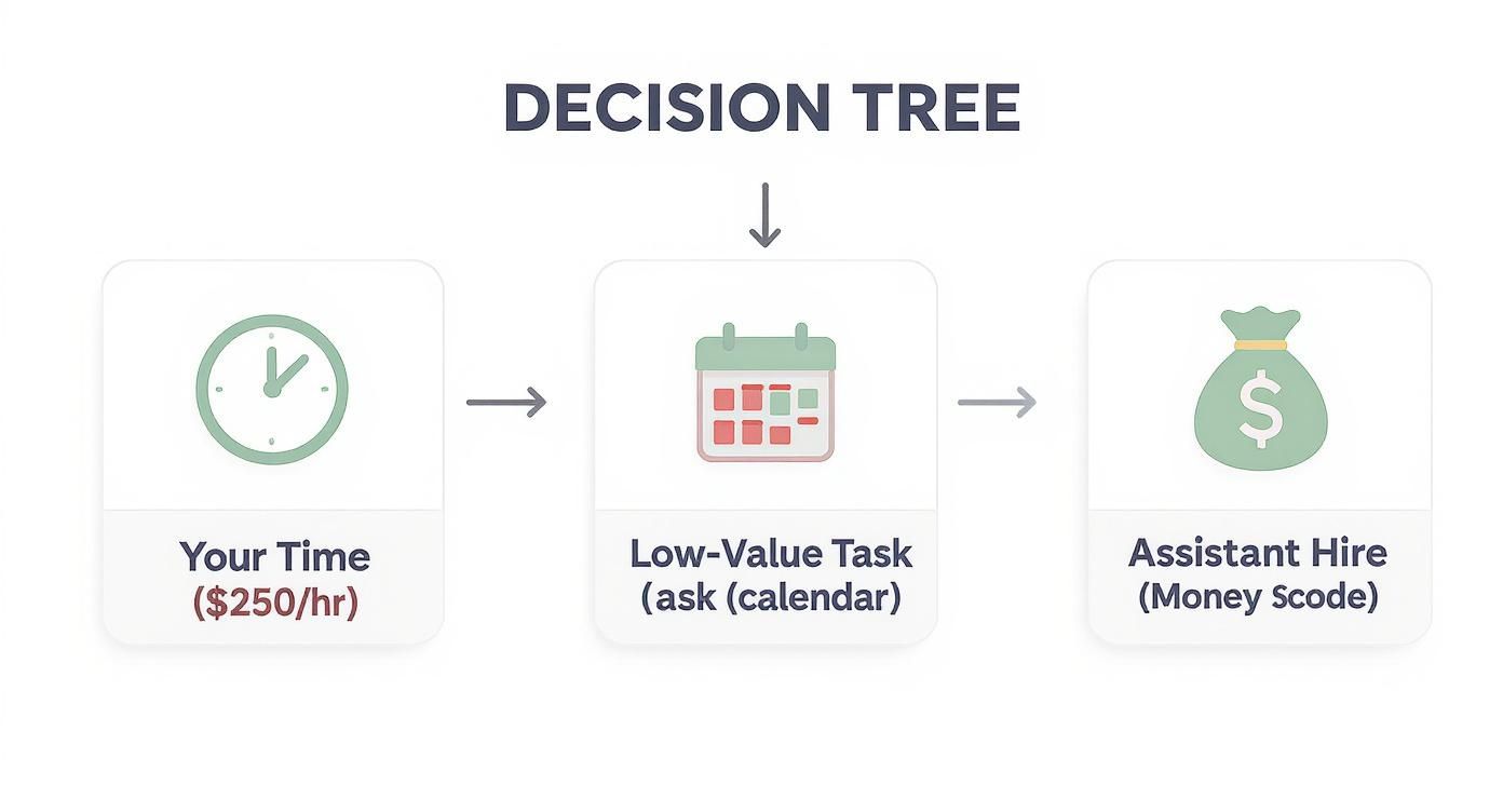 Infographic decision tree showing the ROI analysis of hiring an assistant.