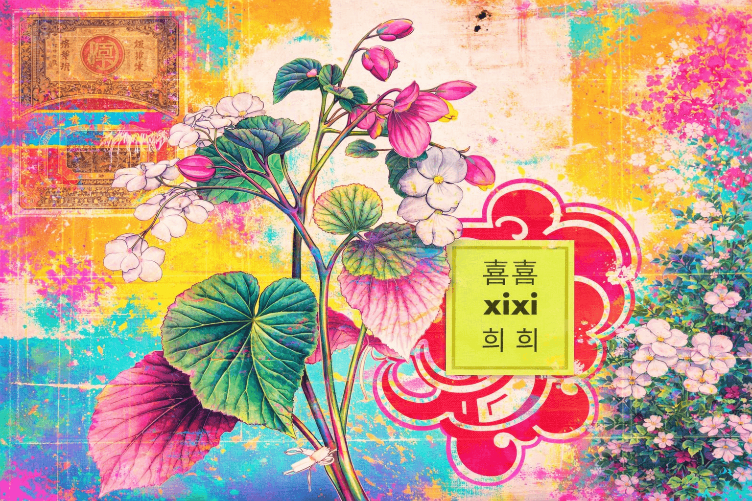 “A bold horizontal collage for Xixi blending Eastern and Western culture, featuring Asian fashion models, K-pop style portraits, luxury interiors, high-end accessories, food culture, and a modern city skyline with the headline East Meets West.