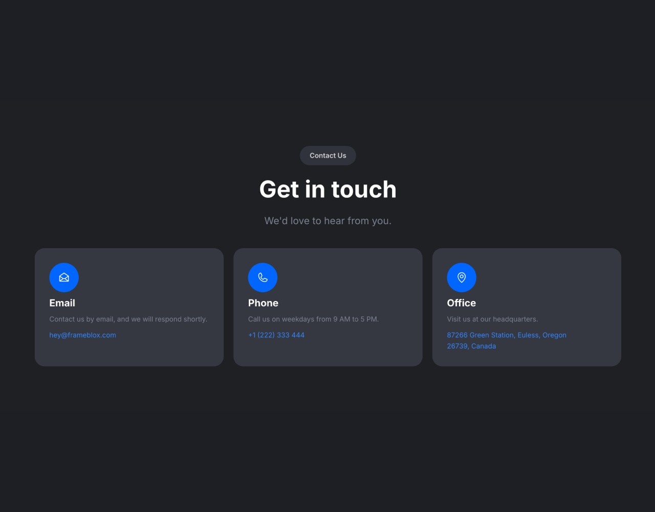 Framer Dark Contact Section - Frameblox UI