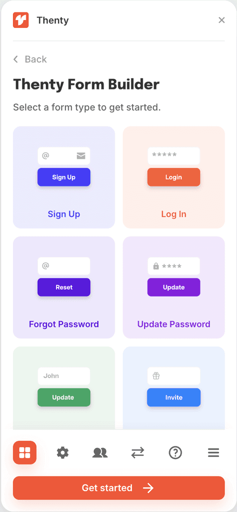 Thenty plugin in Framer showing authentication and signup components