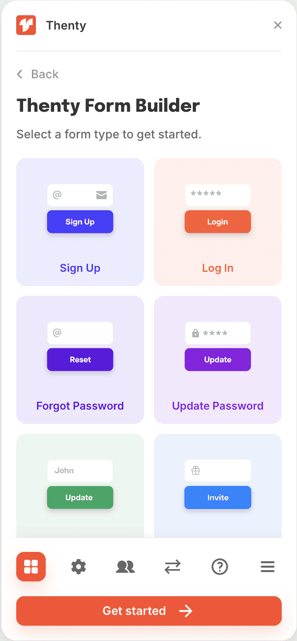 Thenty plugin in Framer showing authentication and signup components
