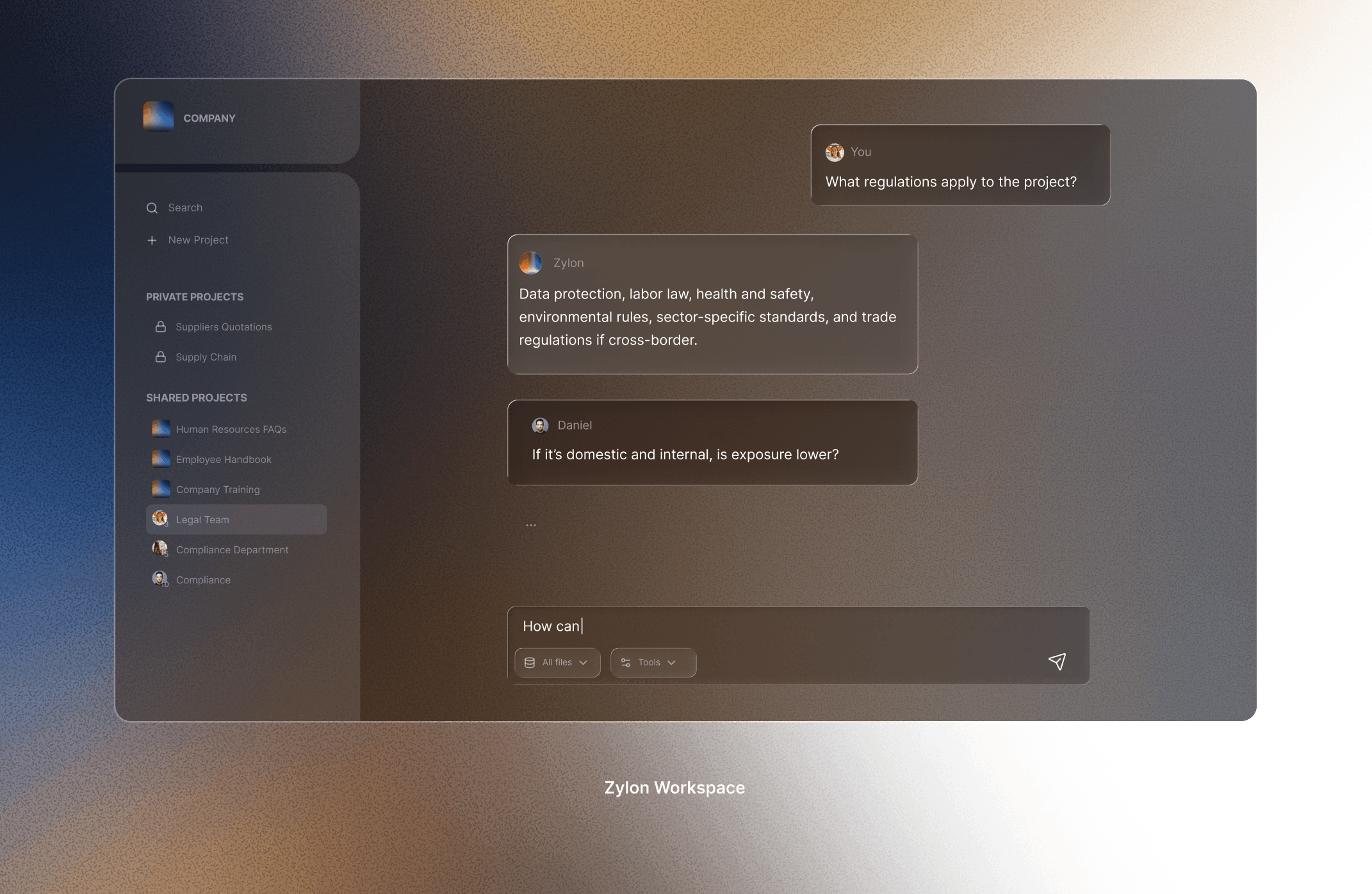 Zylon workspace interfaces, allows to organize in projects, add knowledge bases, query in a chat and create agent flows