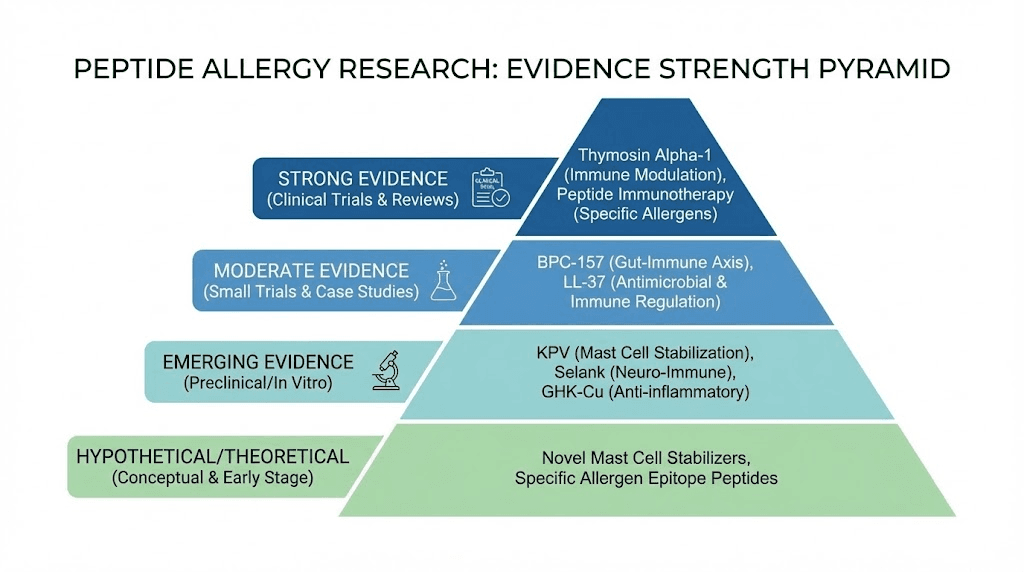 Evidence pyramid for peptide allergy research showing strength of evidence by peptide type