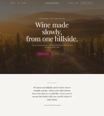 Vineyard website template preview with wine collection and tasting notes