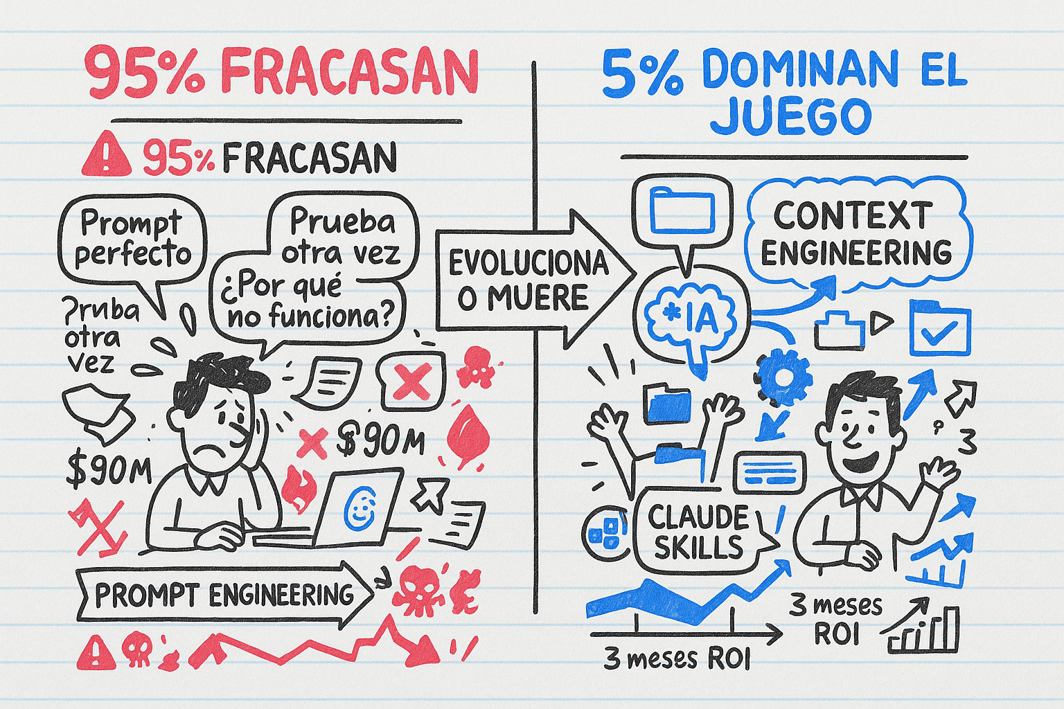 Ilustración estilo doodle sobre fondo blanco con líneas de cuaderno. A la izquierda, un emprendedor frustrado rodeado de papeles, post-its y una laptop con cara confundida, con burbujas de texto que dicen “Prompt perfecto”, “Prueba otra vez” y “¿Por qué no funciona?”. Un gráfico descendente con una gran X roja y un banner tachado con “Prompt Engineering”.  En el centro, una gran flecha con el texto “EVOLUCIONA O MUERE”, acompañada de una calavera y fuego en rojo.  A la derecha, un emprendedor sonriente con brazos levantados, rodeado de íconos organizados de carpetas, engranajes y flechas azules. Una nube con “Claude Skills”, un gráfico ascendente con checkmarks, y un banner con “Context Engineering”.  En la parte superior y inferior, textos: “95% FRACASAN ⚠️” en rojo y “5% DOMINAN EL JUEGO ⭐” en azul. Pequeños detalles incluyen números garabateados (“$90M”, “75%↓”, “3 meses ROI”) y doodles de cohete, cerebro y rayo. Estilo boceto anti-corporativo, creativo y hecho a mano.