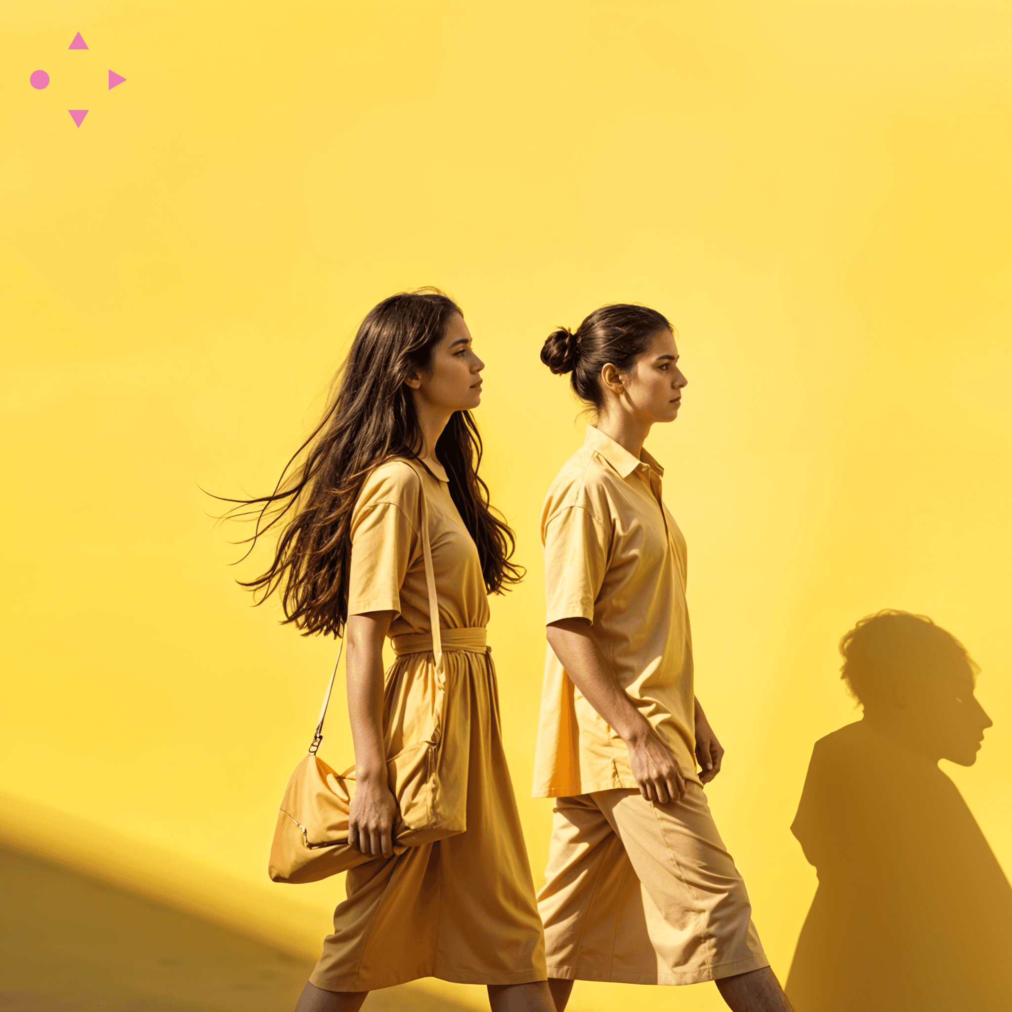 Two young women in coordinated outfits walking past yellow backdrop, capturing Sikkim street vibe