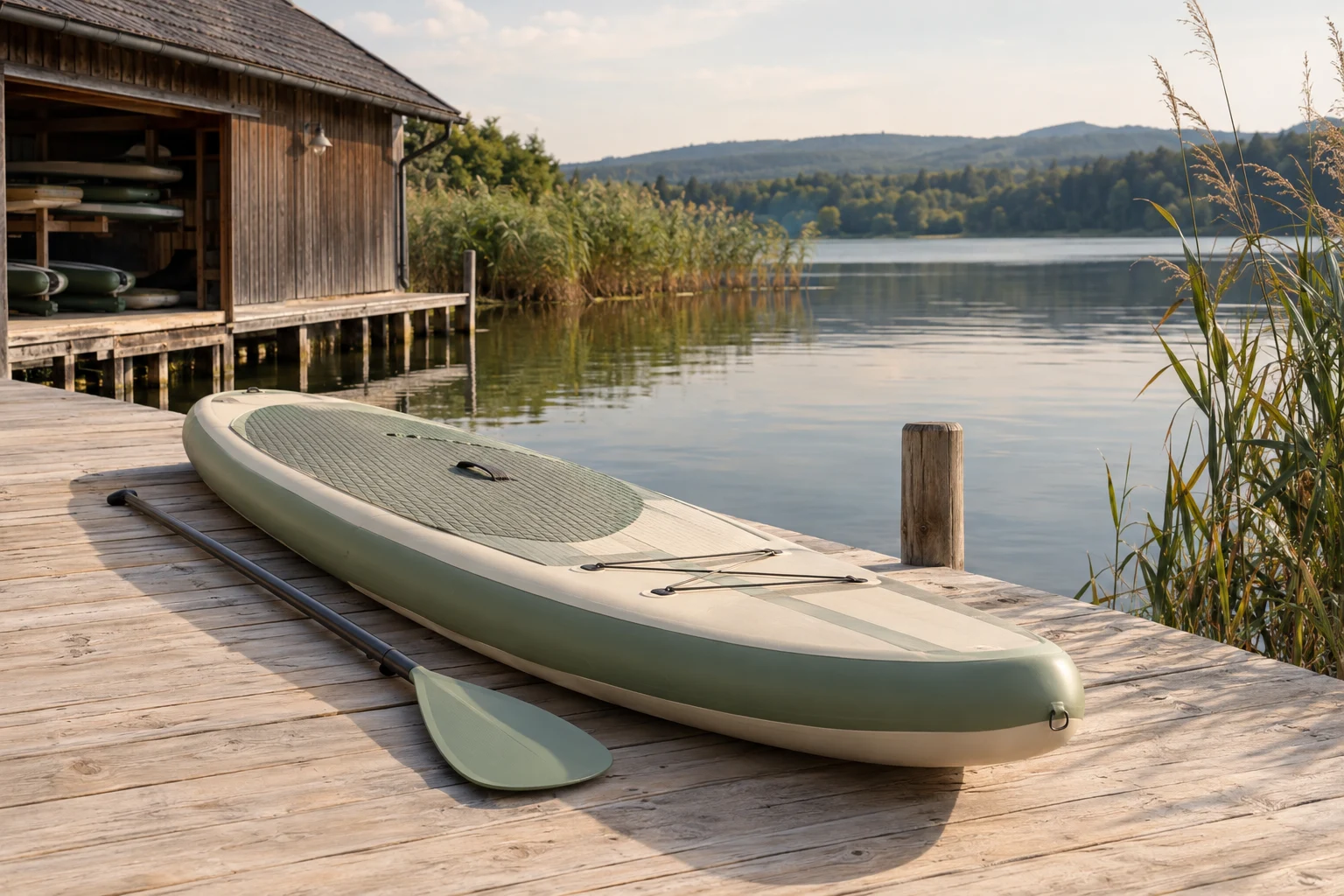 SUP board and paddle on a wooden dock