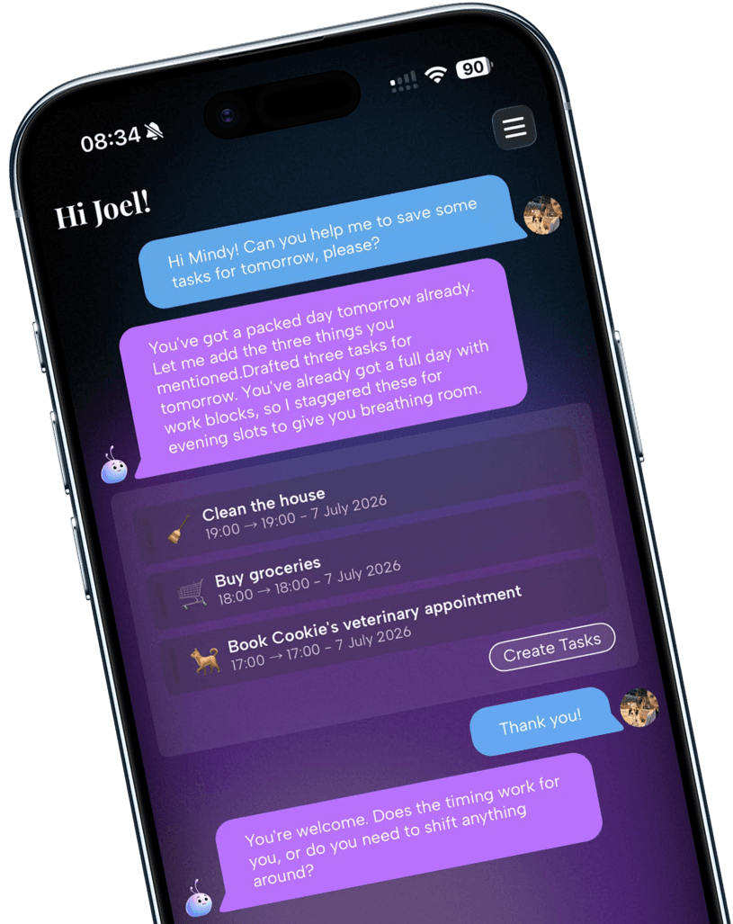 Mindory AI planner creating a scheduled task from a chat message