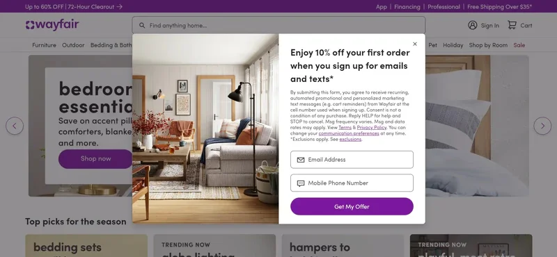 Wayfair newsletter welcome popup example