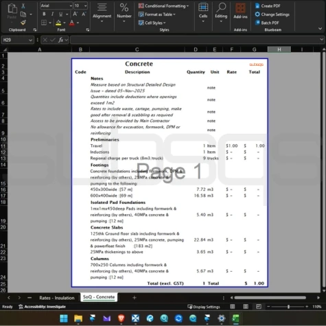 Screenshot of microsoft excel workbook showing Concrete takeoff trade schedule of quantities SoQ by SubsQS Ltd