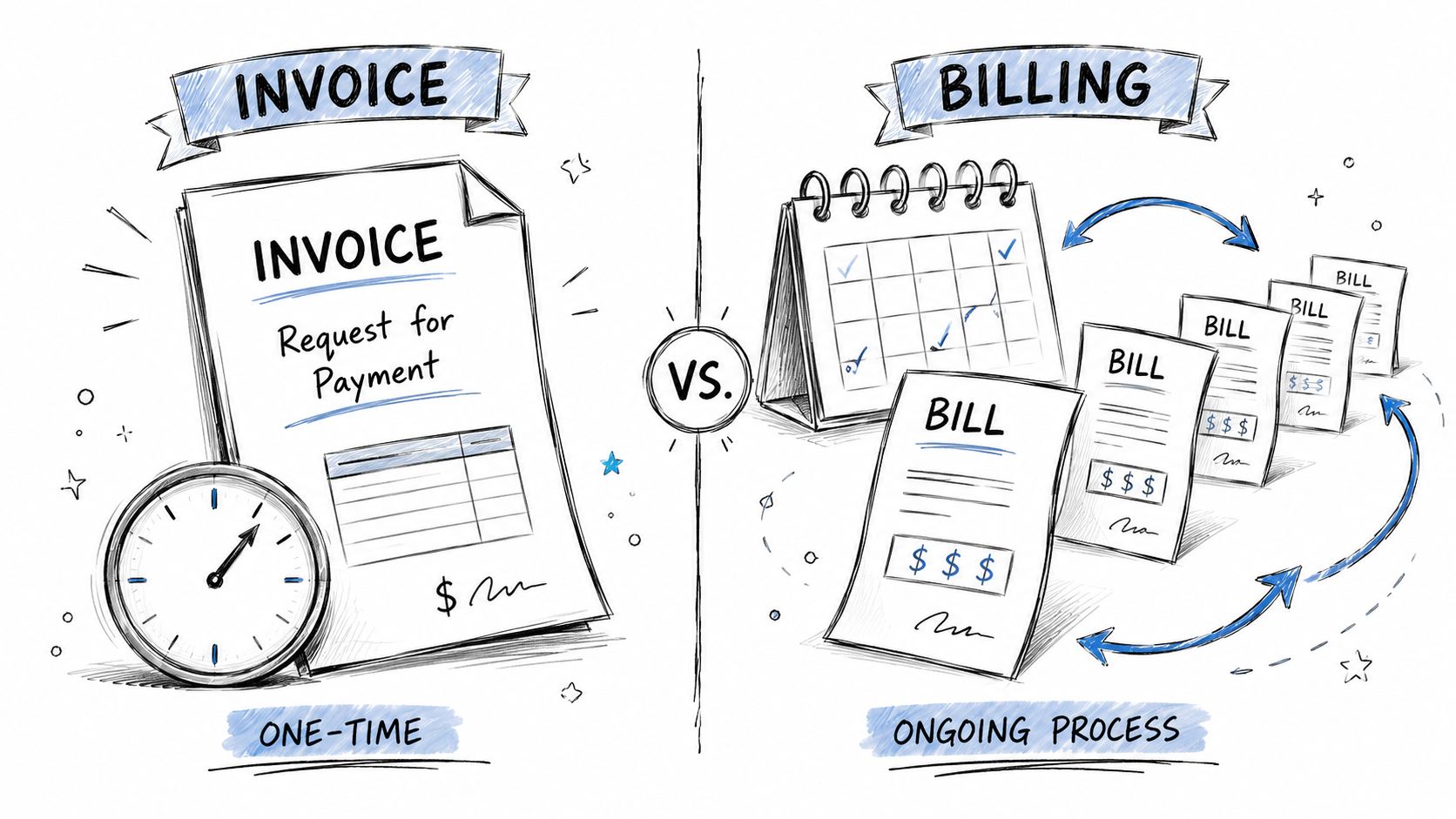 A diagram comparing invoices as one-time requests for payment versus billing as an ongoing recurring process.