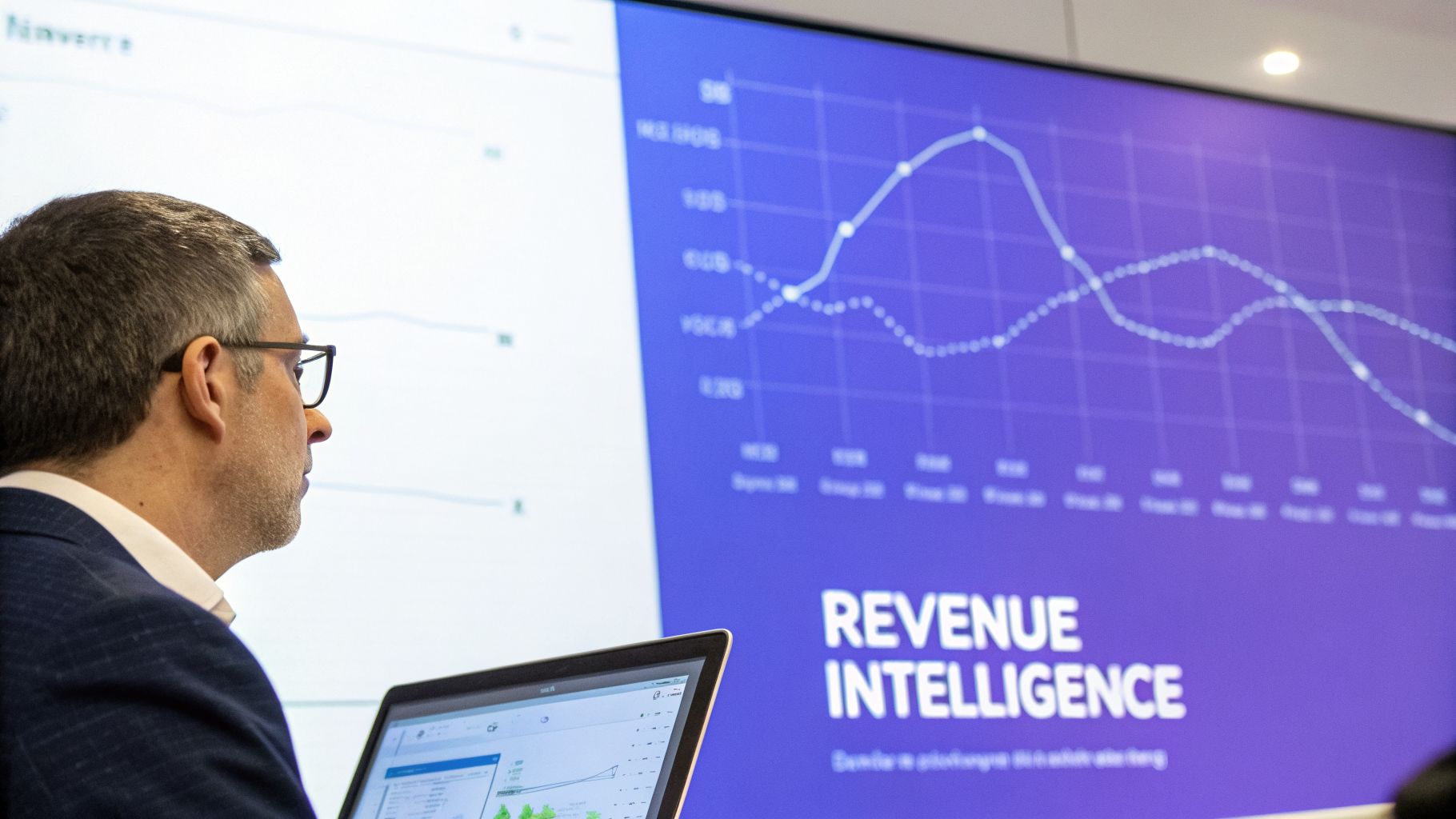 Professional man analyzing data on a laptop, with 