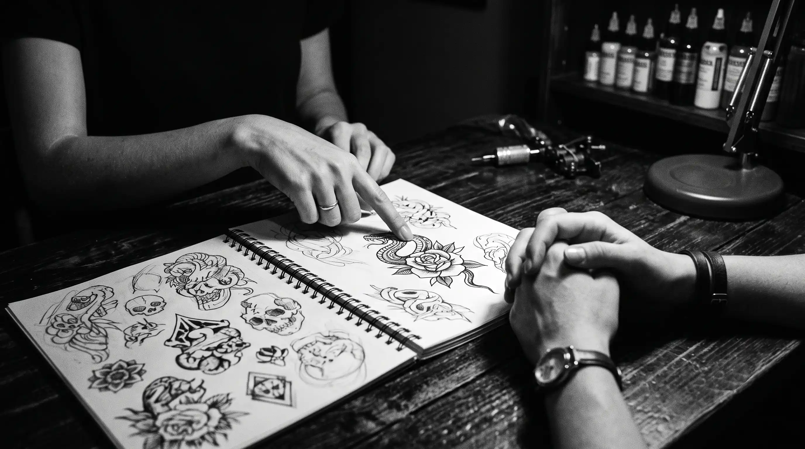 eratungsgespräch im Tattoostudio: Hände zeigen auf Entwurfsskizzen auf dem Tisch