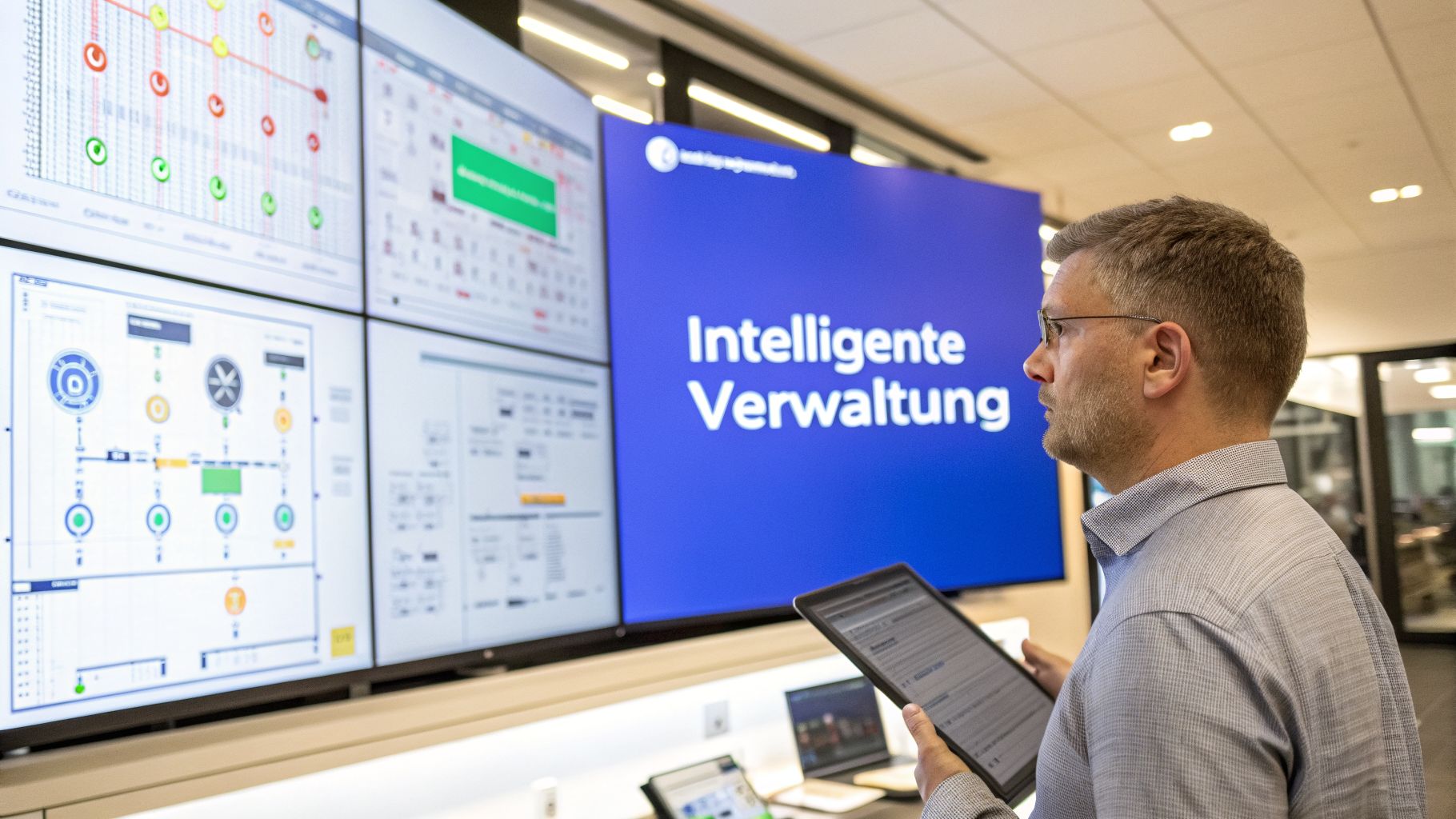 Ein Mann mit Brille betrachtet große Bildschirme mit Diagrammen und der Aufschrift „Intelligente Verwaltung“.