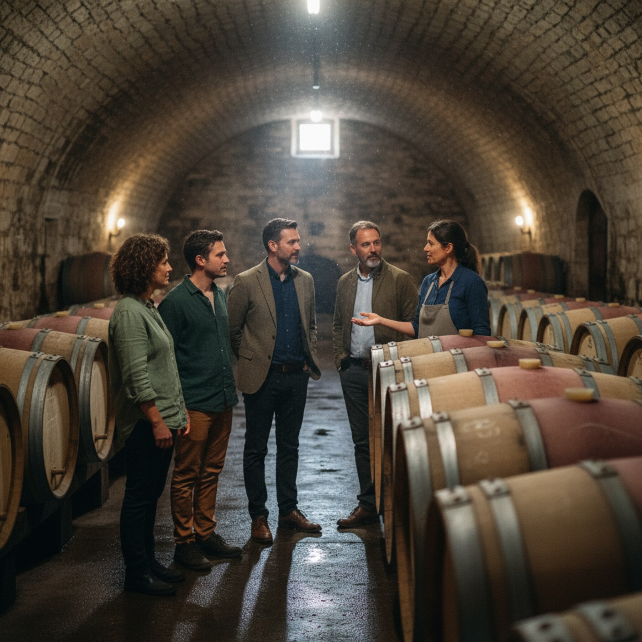 Ein kühler Gewölbekeller mit Reihen alter Barriques. Staub tanzt im schmalen Lichtstreifen, der durch ein kleines Fenster fällt. Eine kleine Gruppe steht dicht beisammen und lauscht einem Guide, der auf ein Fass zeigt. Holzduft und gedämpfte Schritte füllen den Raum.