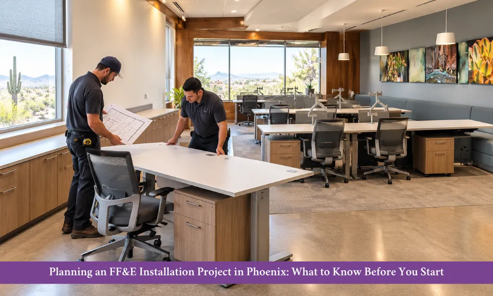 Professional movers installing furniture in a modern commercial dining space