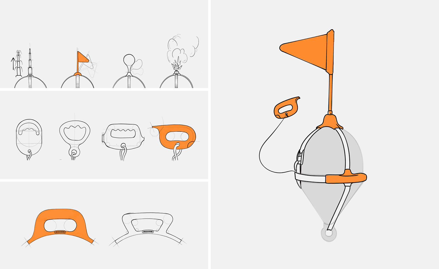 Conceptual design sketches for the 'Rescue Buoy' project, showing the exploration of different forms and modular components for the buoy’s ergonomic handles and signaling flag.
