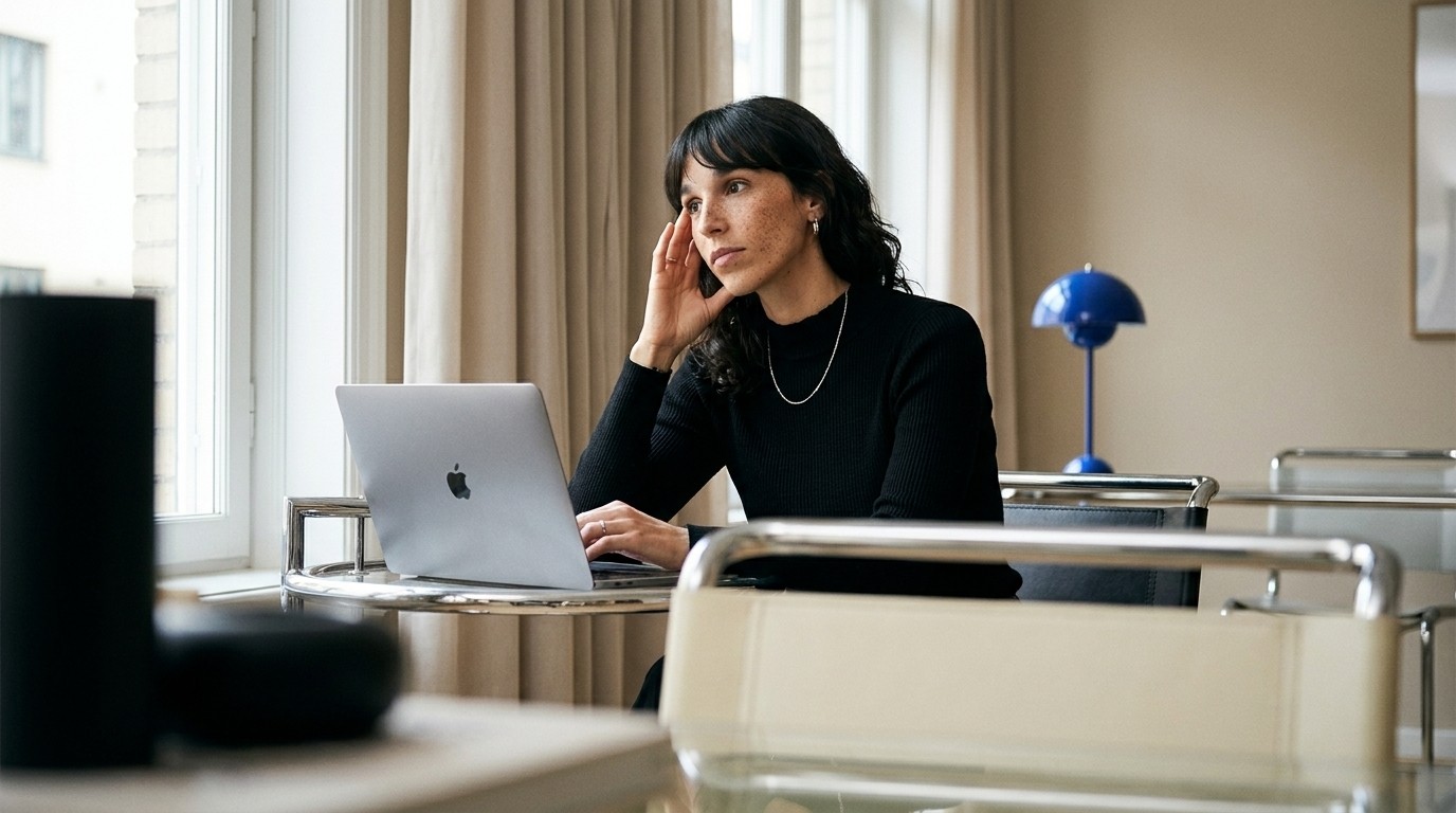A team member working on a laptop at a sunlit desk