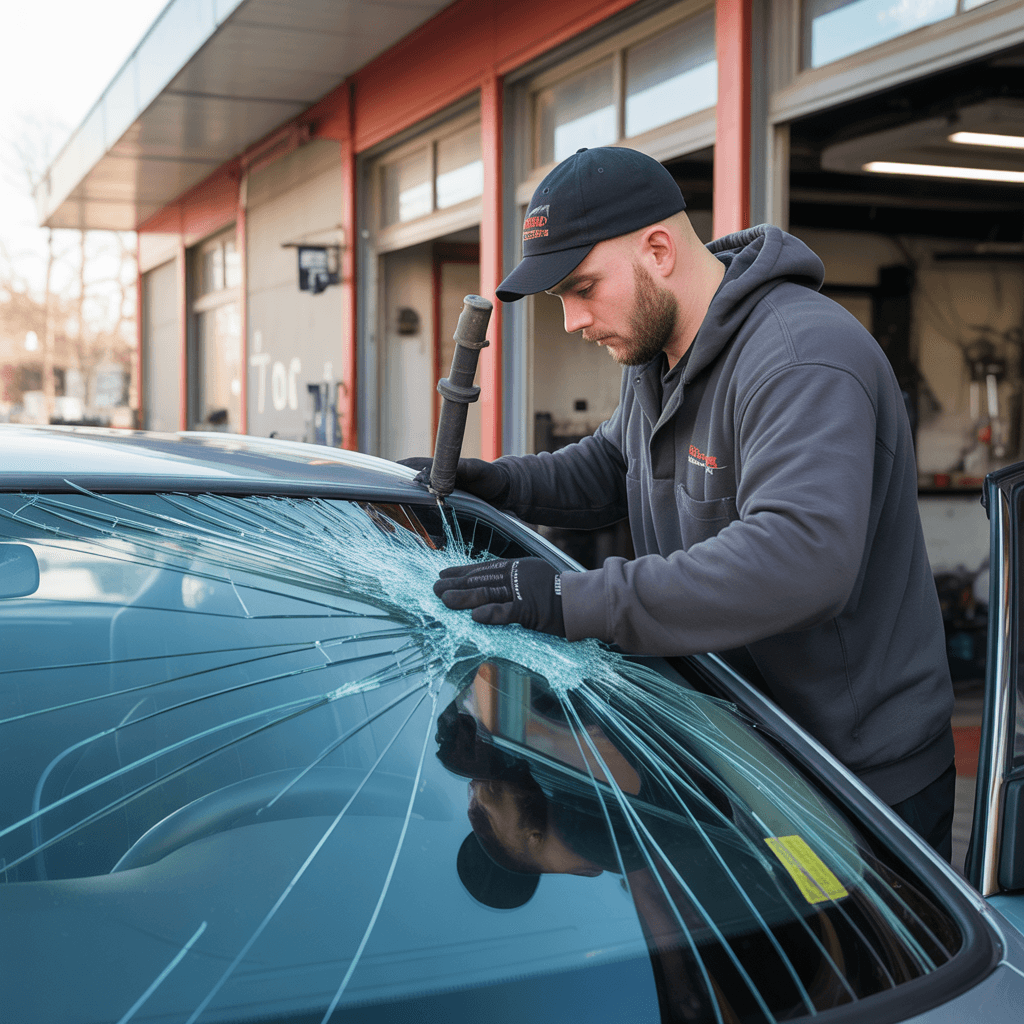 Technician replacing a cracked windshield on a vehicle in Oldsmar, Florida