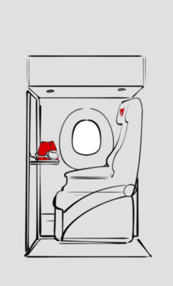 Black and white line sketches planning various scenes of an airline cabin experience