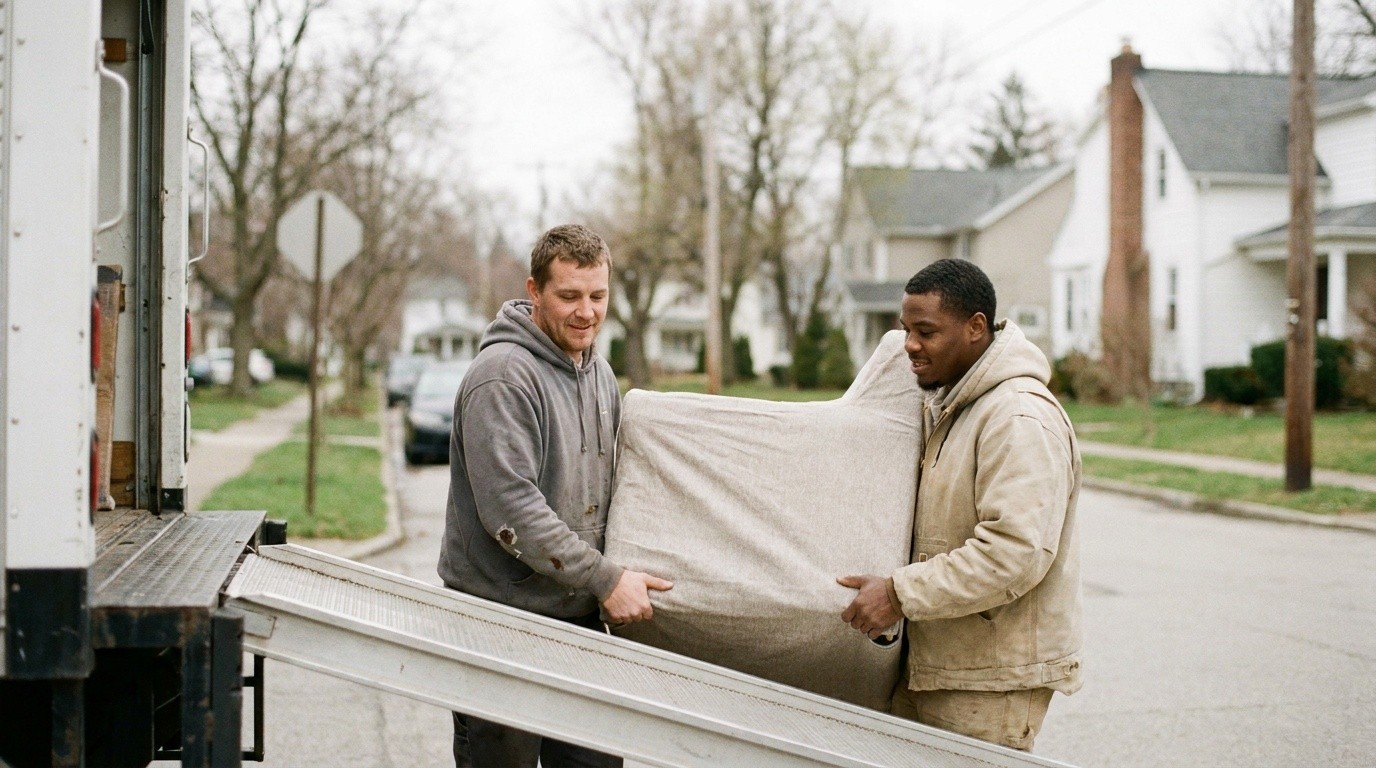 Movers carrying a wrapped item down a truck ramp, evoking AI call answering for moving and storage companies