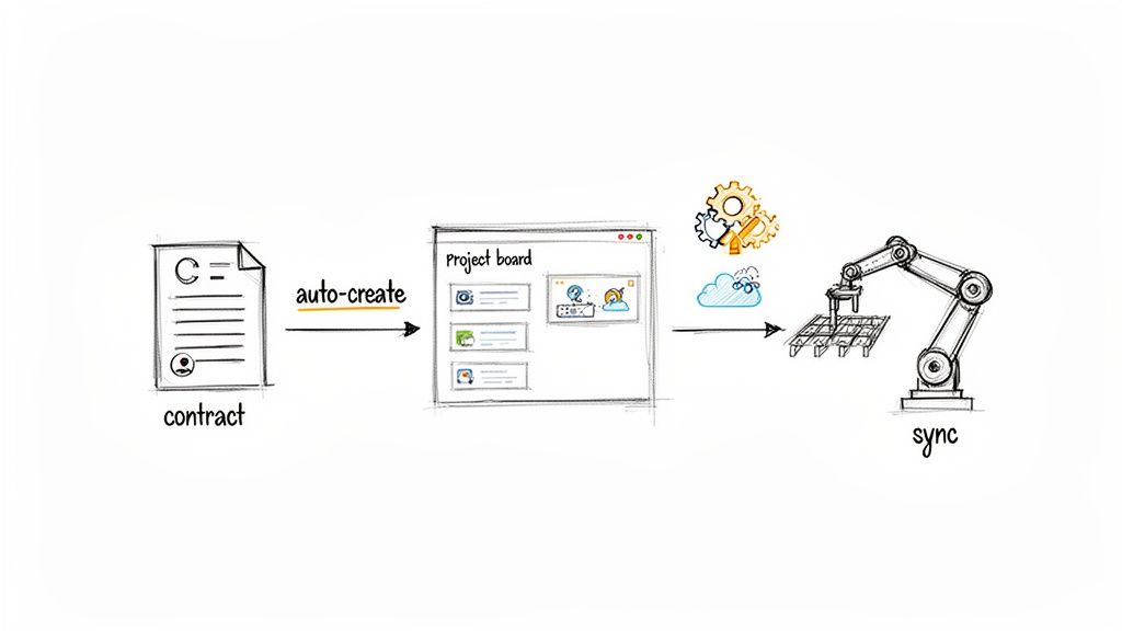 Workflow diagram: contract auto-creates project board, then syncs with robotic arm automation.