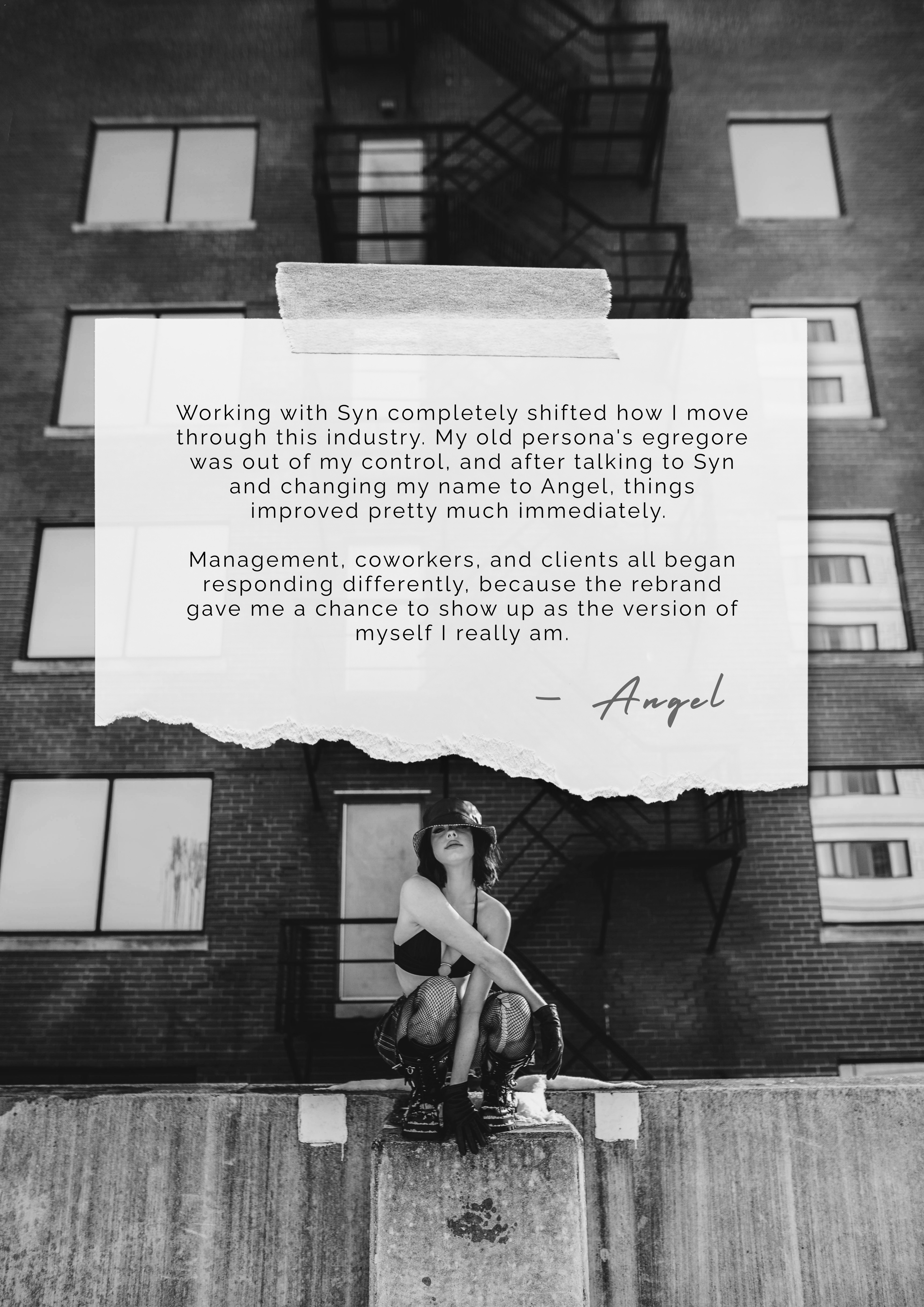 Black and white portrait of Angel seated on a concrete ledge in front of an apartment building, representing confidence and identity after her rebrand.