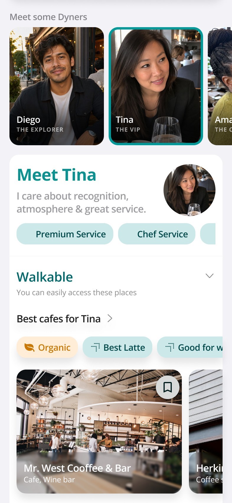 Seeded home feed with Tina — The VIP — selected: their profile card, taste tags, and curated lists