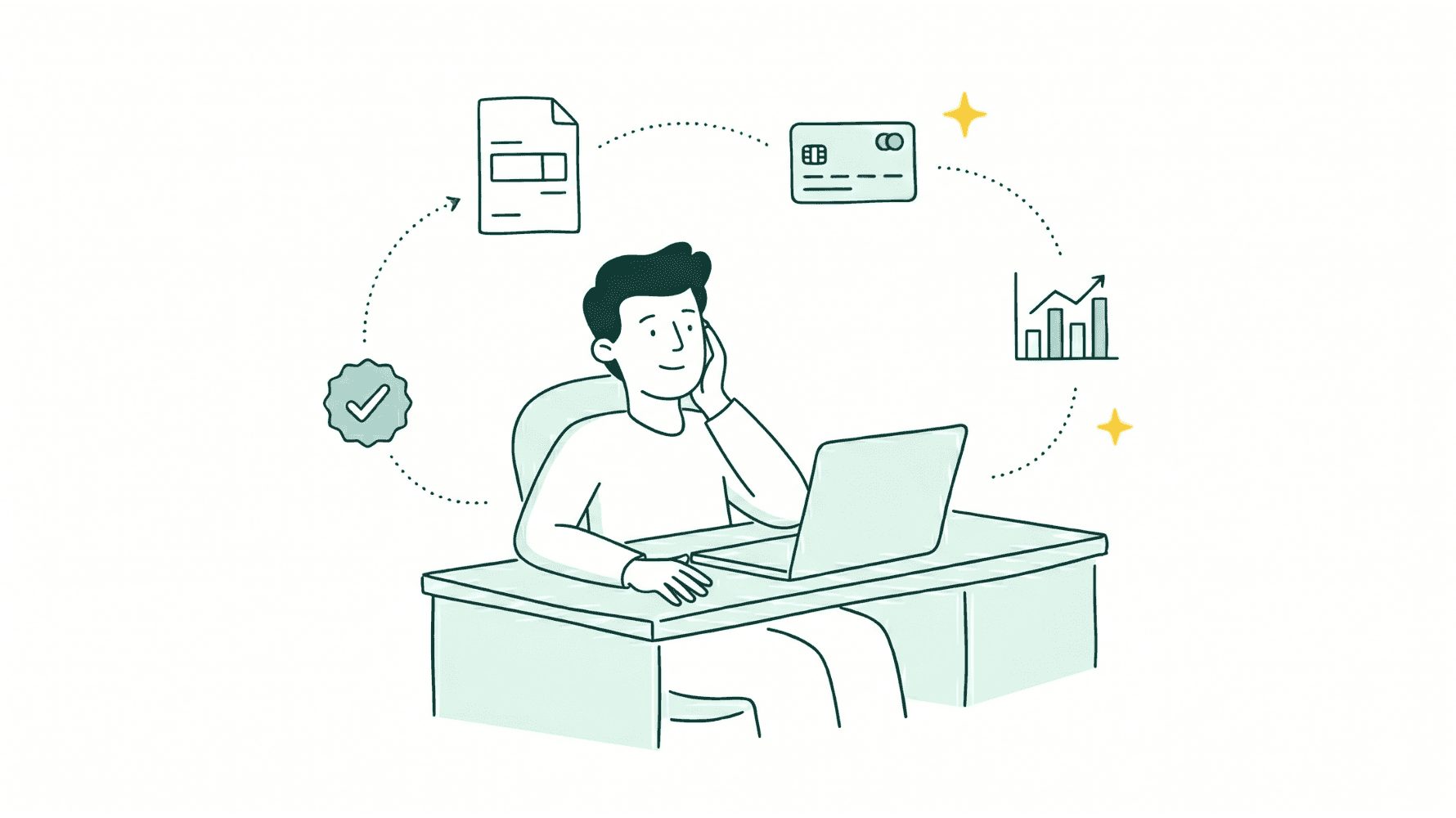 Illustration minimaliste d'un dirigeant détendu à son bureau avec un ordinateur portable, entouré de quatre icônes flottantes reliées par des pointillés : un document, une carte bancaire, un graphique en barres et une coche de validation