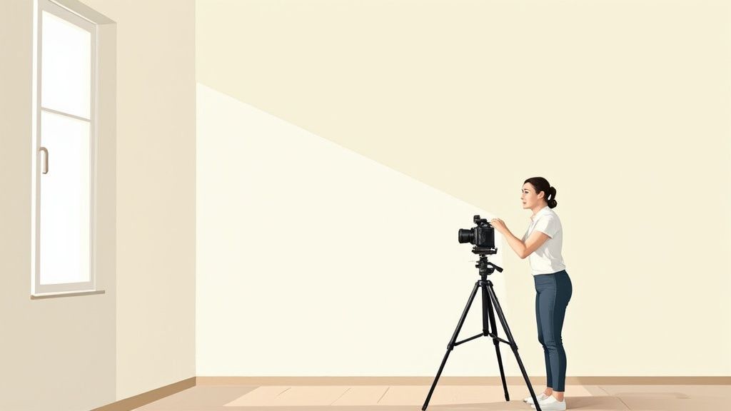 Frau fotografiert mit Kamera auf Stativ in einem hellen Raum mit Fensterlicht.