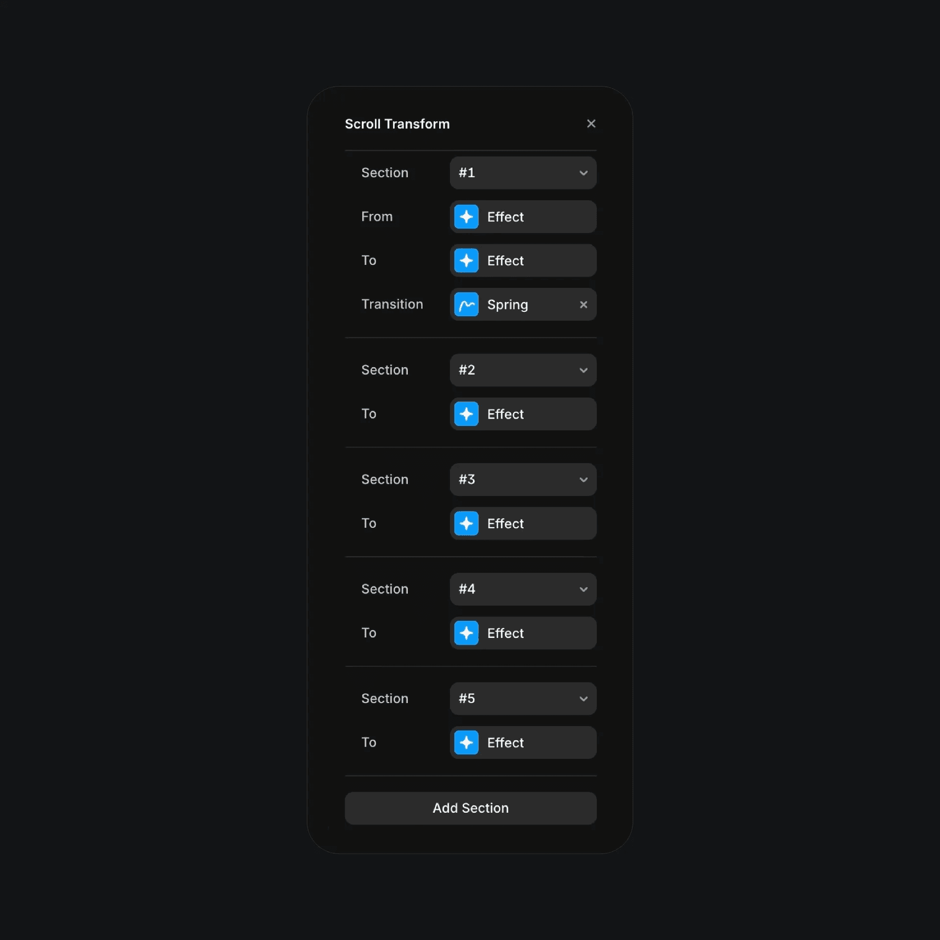 Scroll transform settings panel with multiple section effects