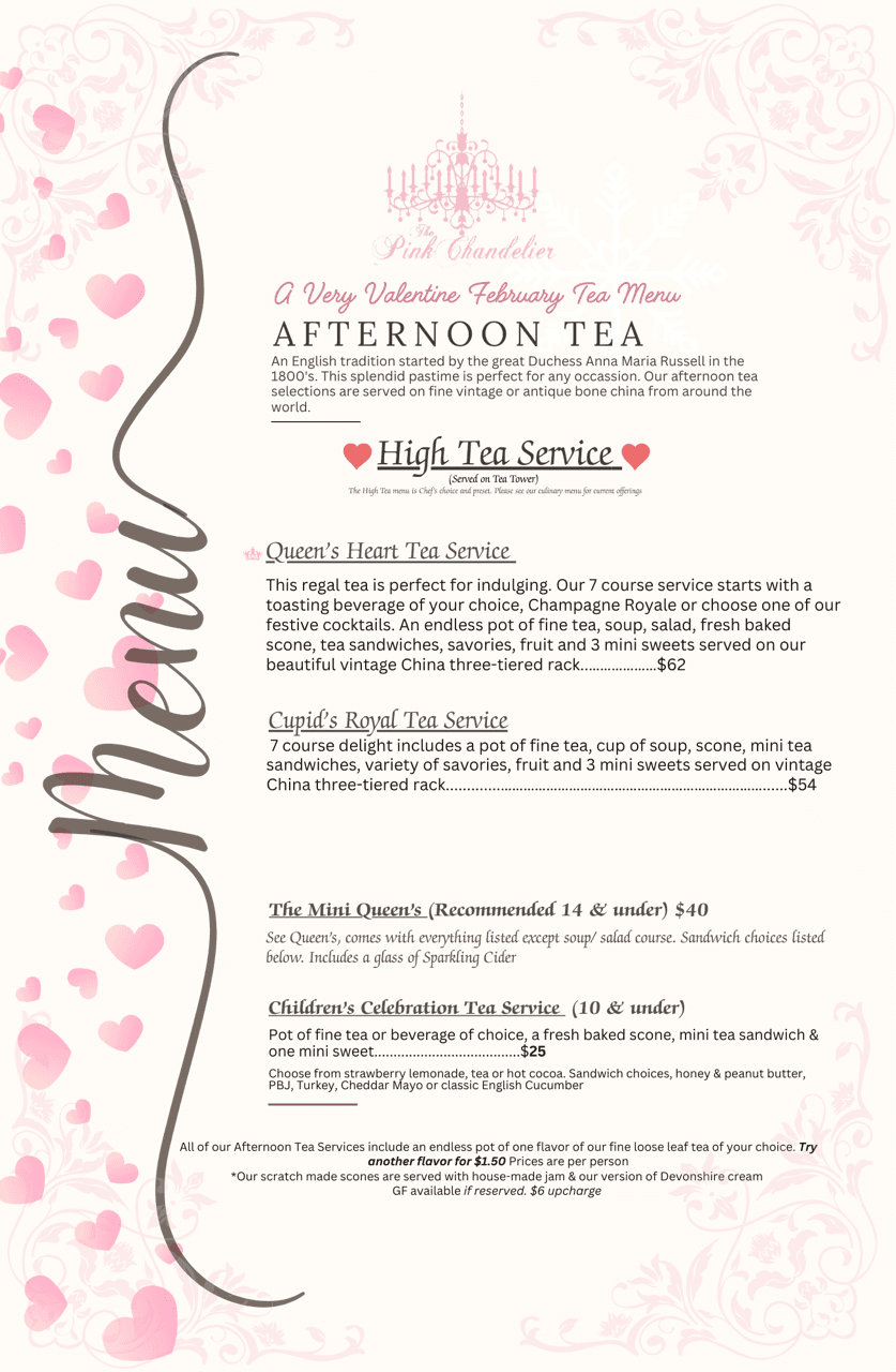 Afternoon Tea Menu at The Pink Chandelier
