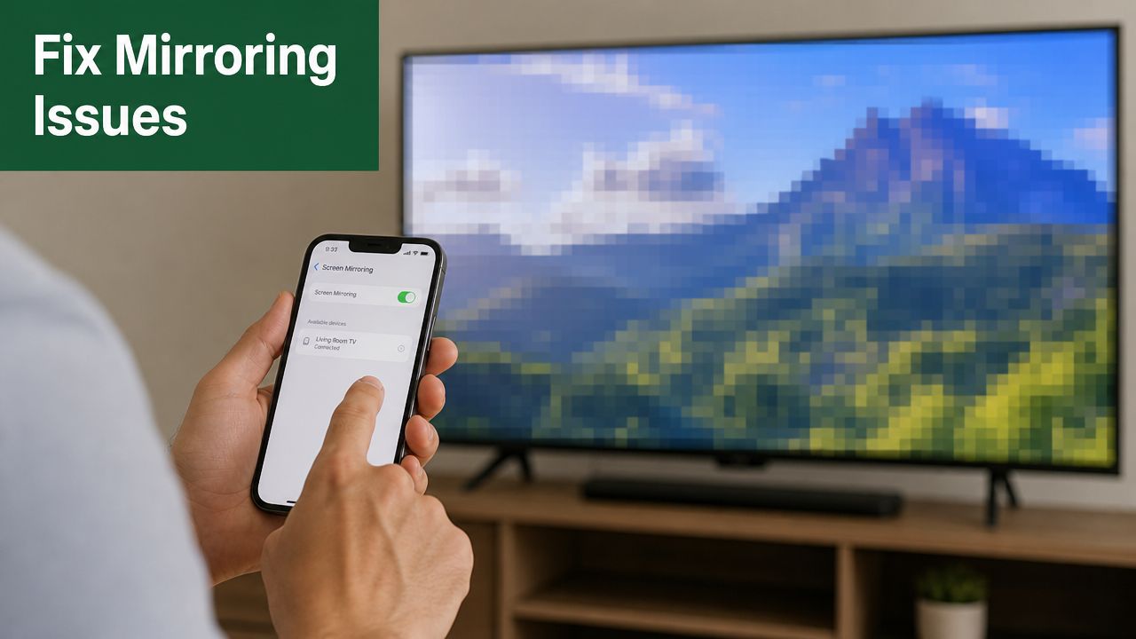 A person using a smartphone to configure screen mirroring settings for a pixelated television display.