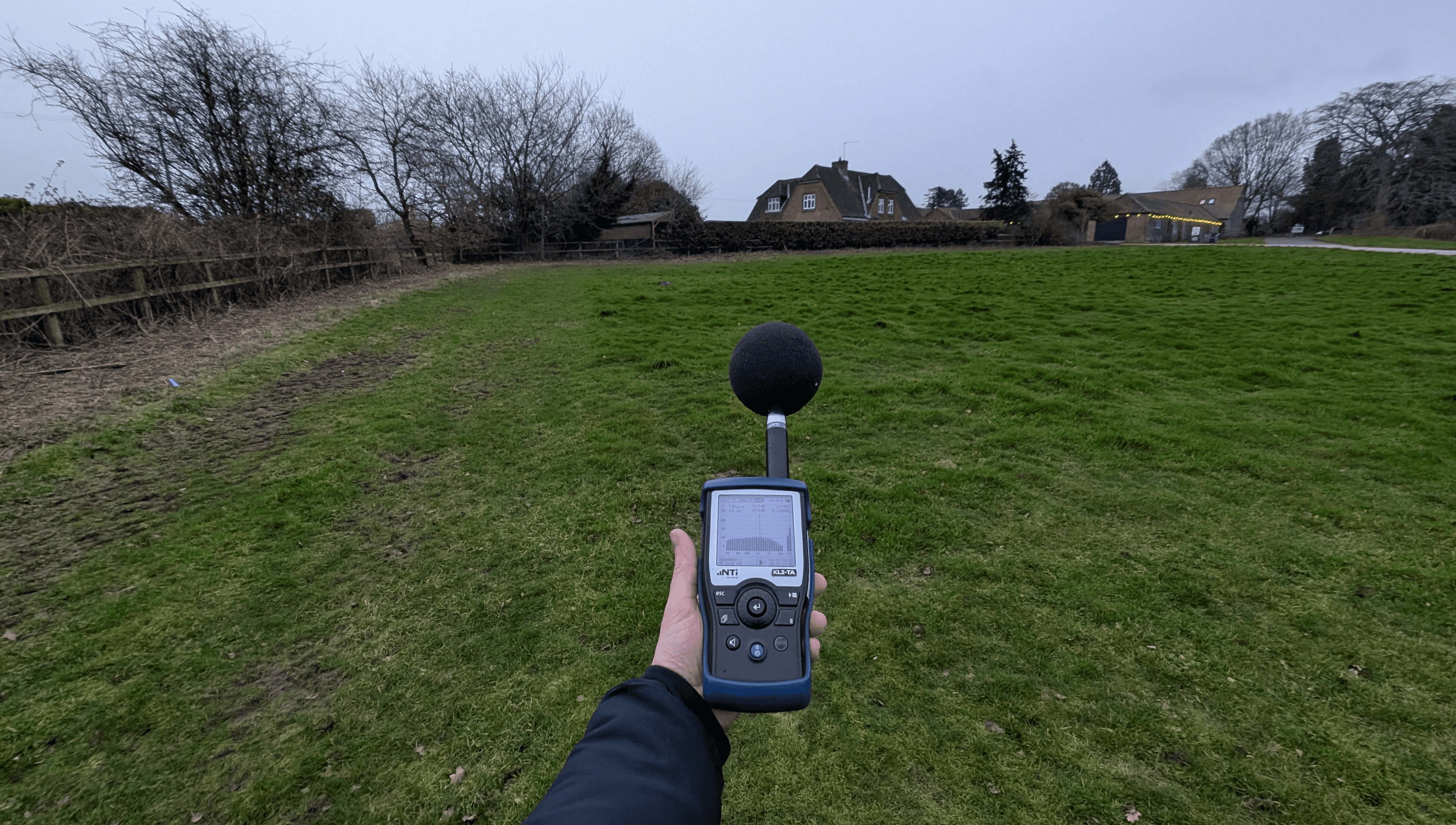 Sound level meter in-situ. Noise level survey for noise break-in