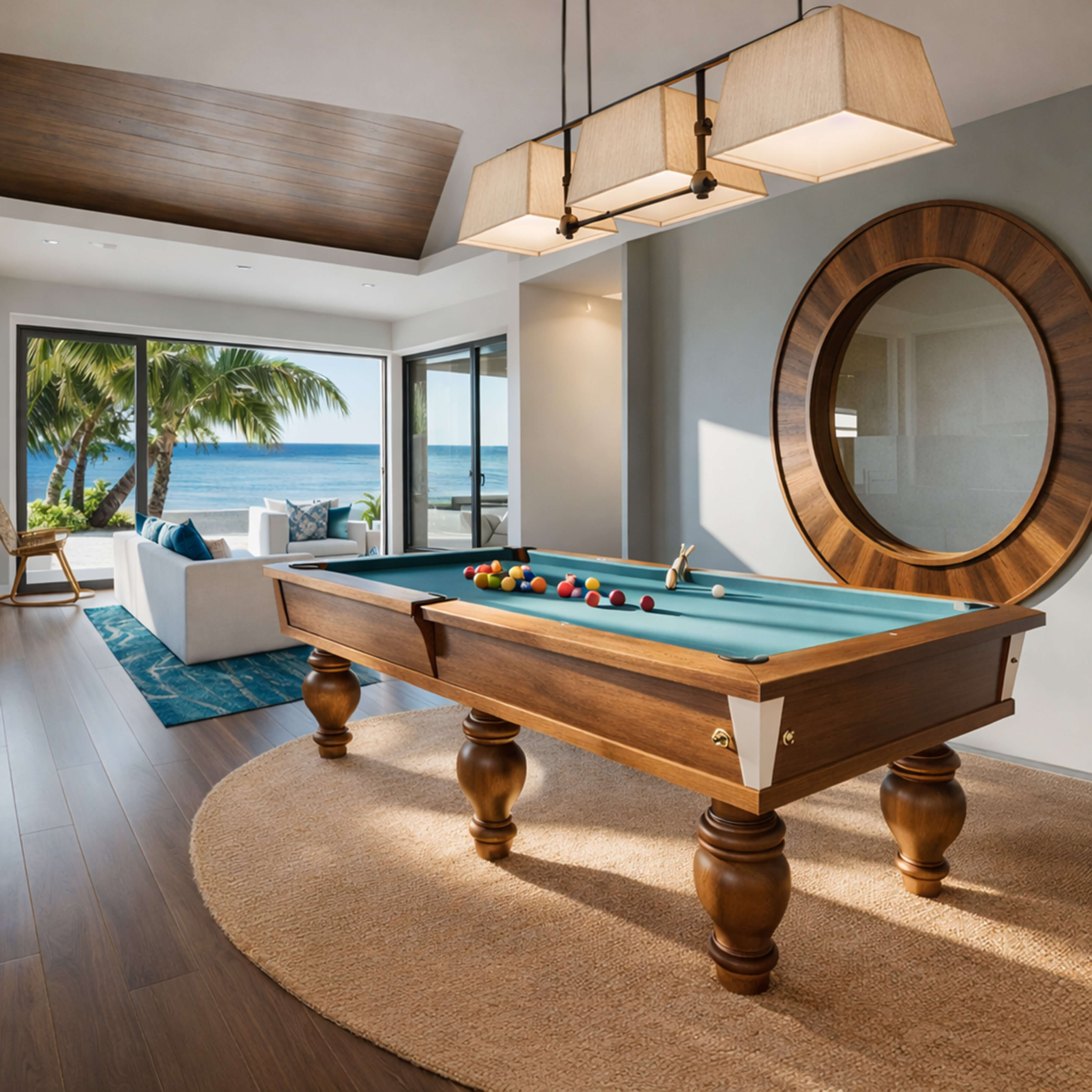Oceanfront luxury game room featuring a classic pool table, warm wood finishes, and open views to the sea.