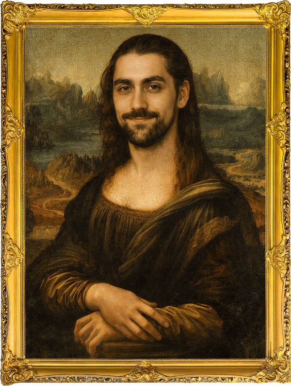 Mona Lisa painting with a smiling bearded man's face.