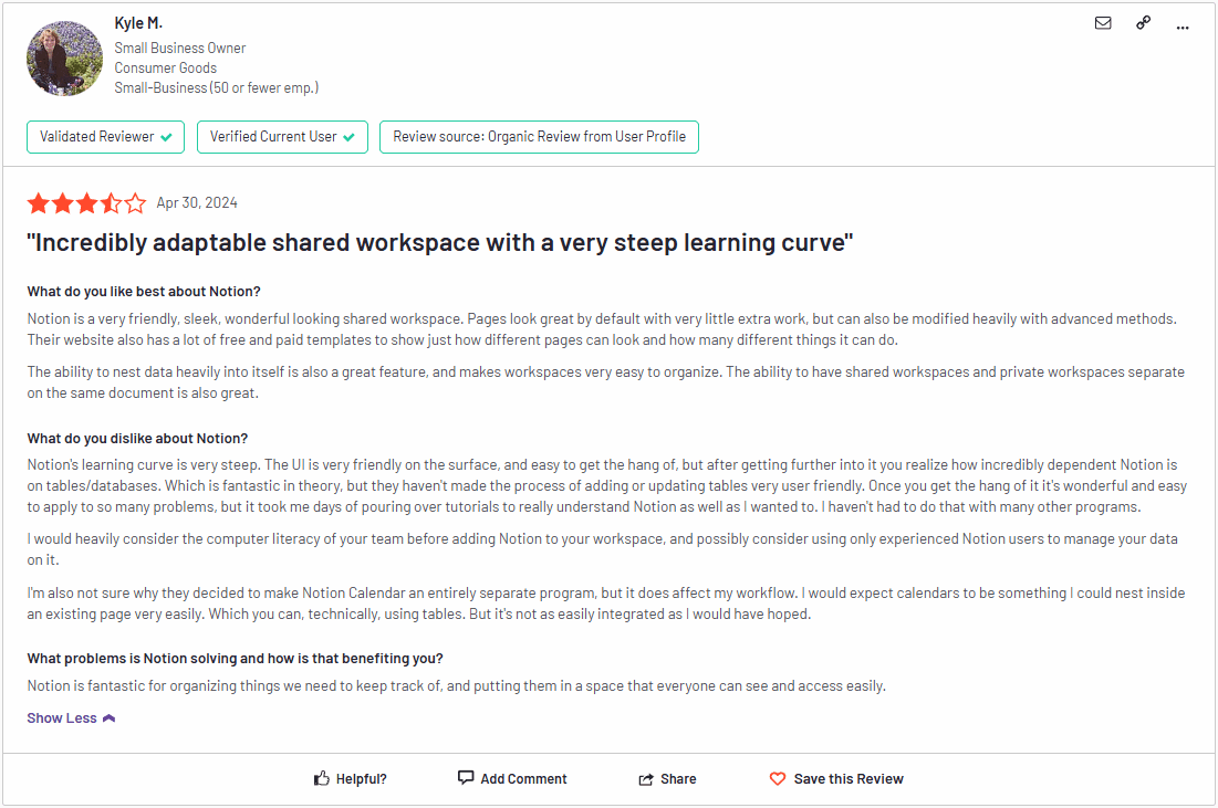 Screenshot of Notion user review